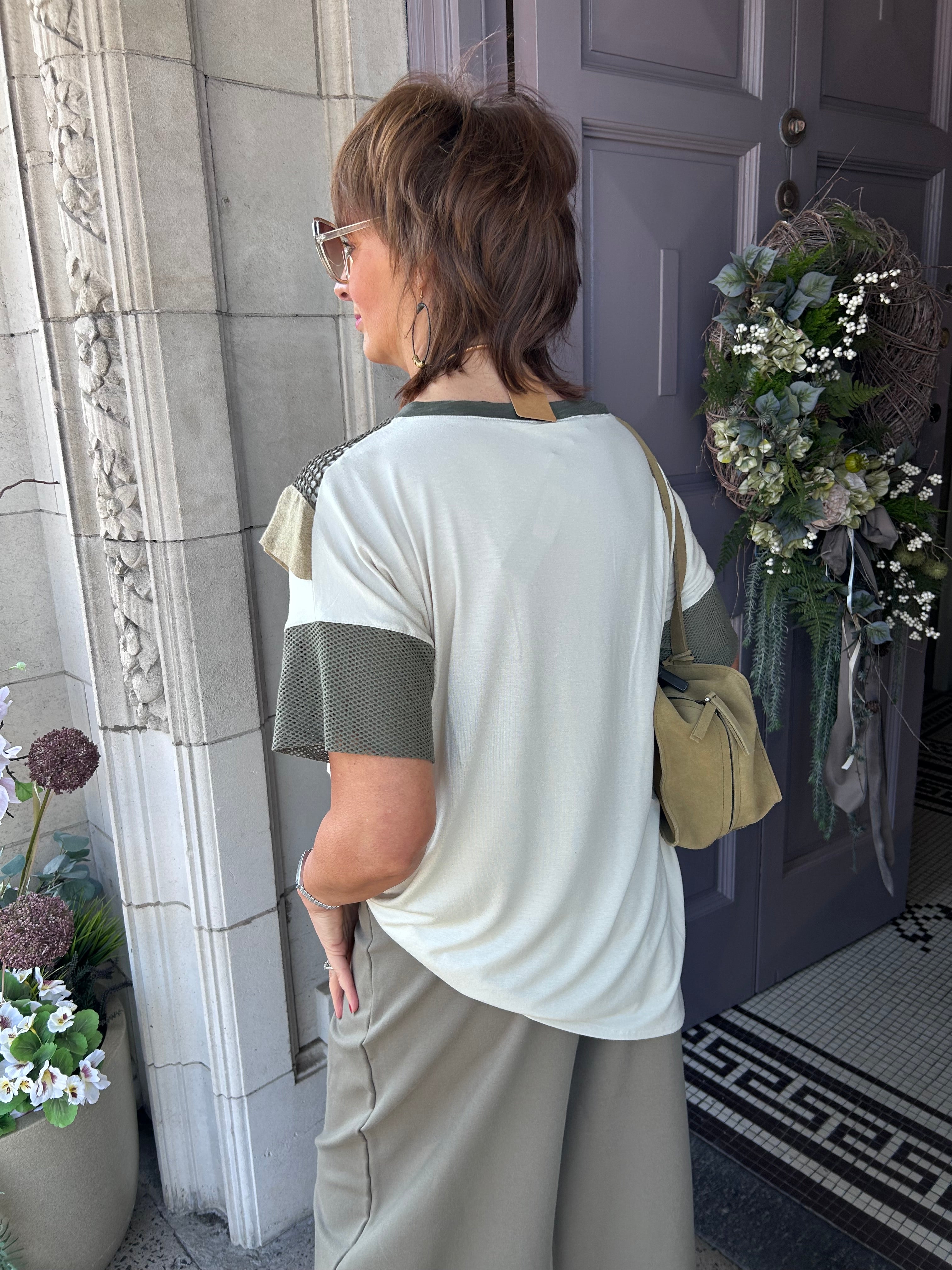 Lina Contrast Panel Top in Khaki Mix