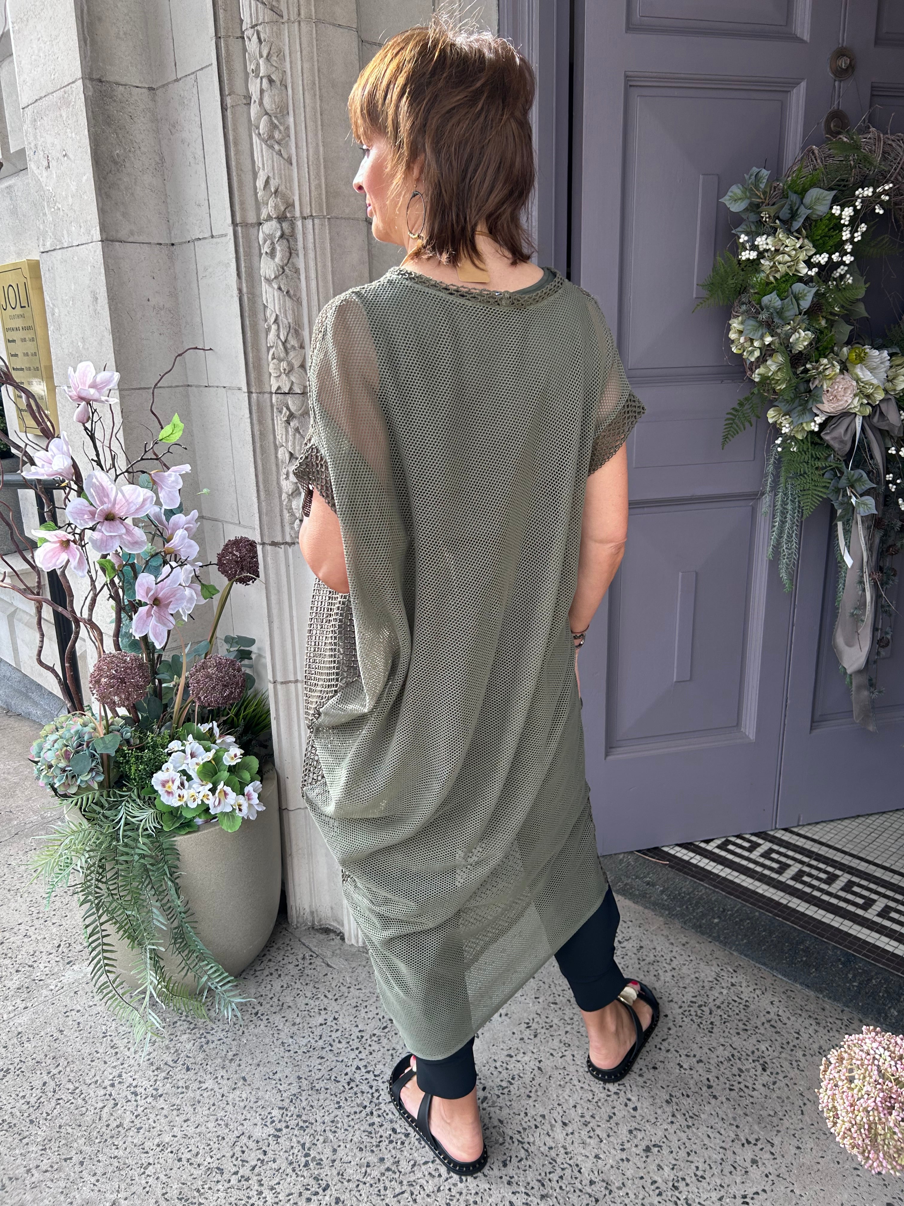 Seva Mesh Overlay Dress in Khaki