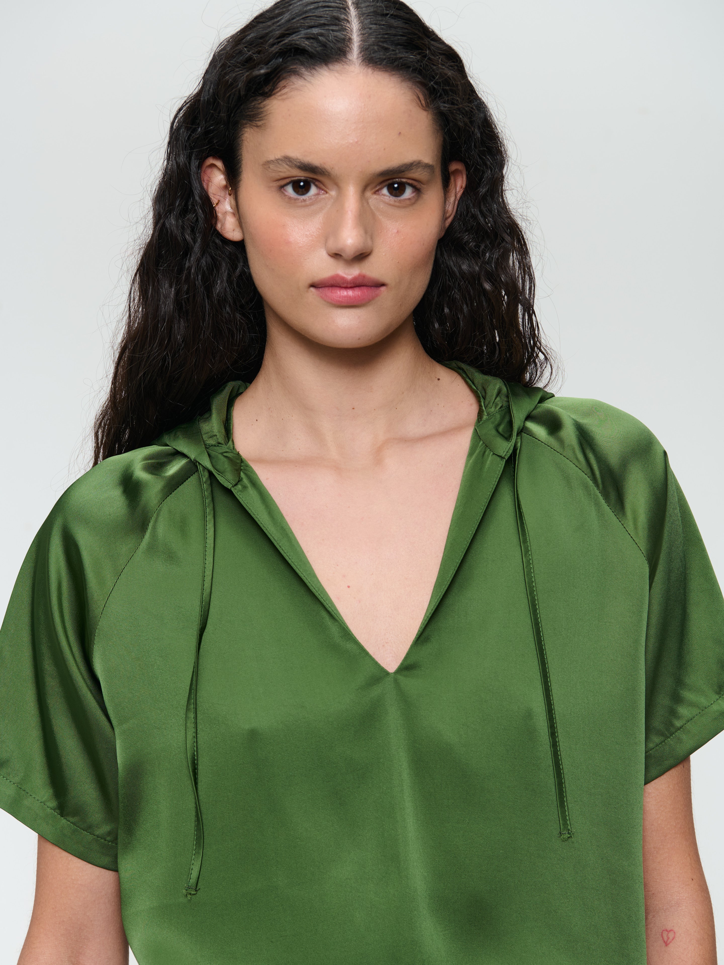 Evi Saten Blouse in Olive Green