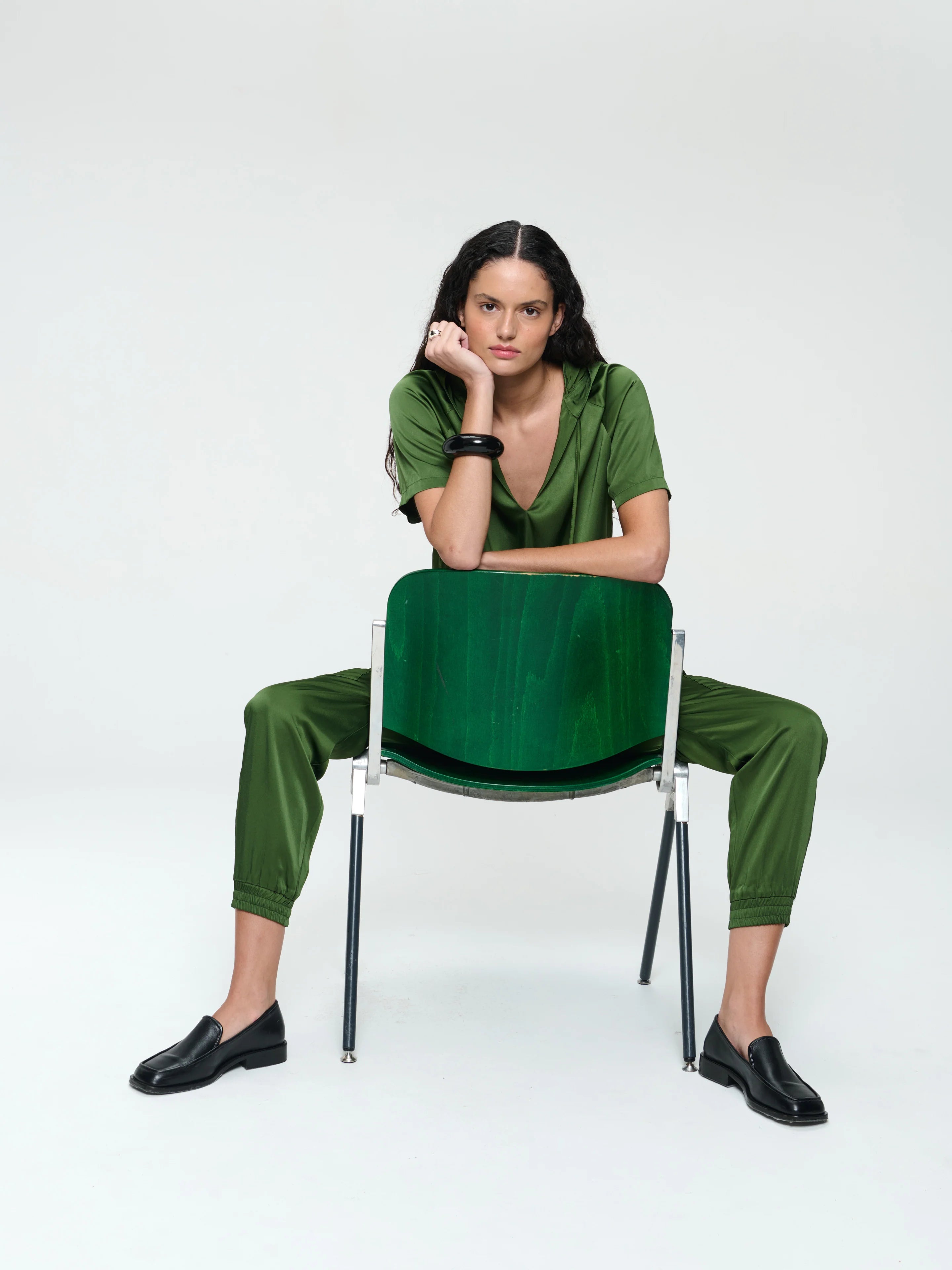 Evi Saten Blouse in Olive Green