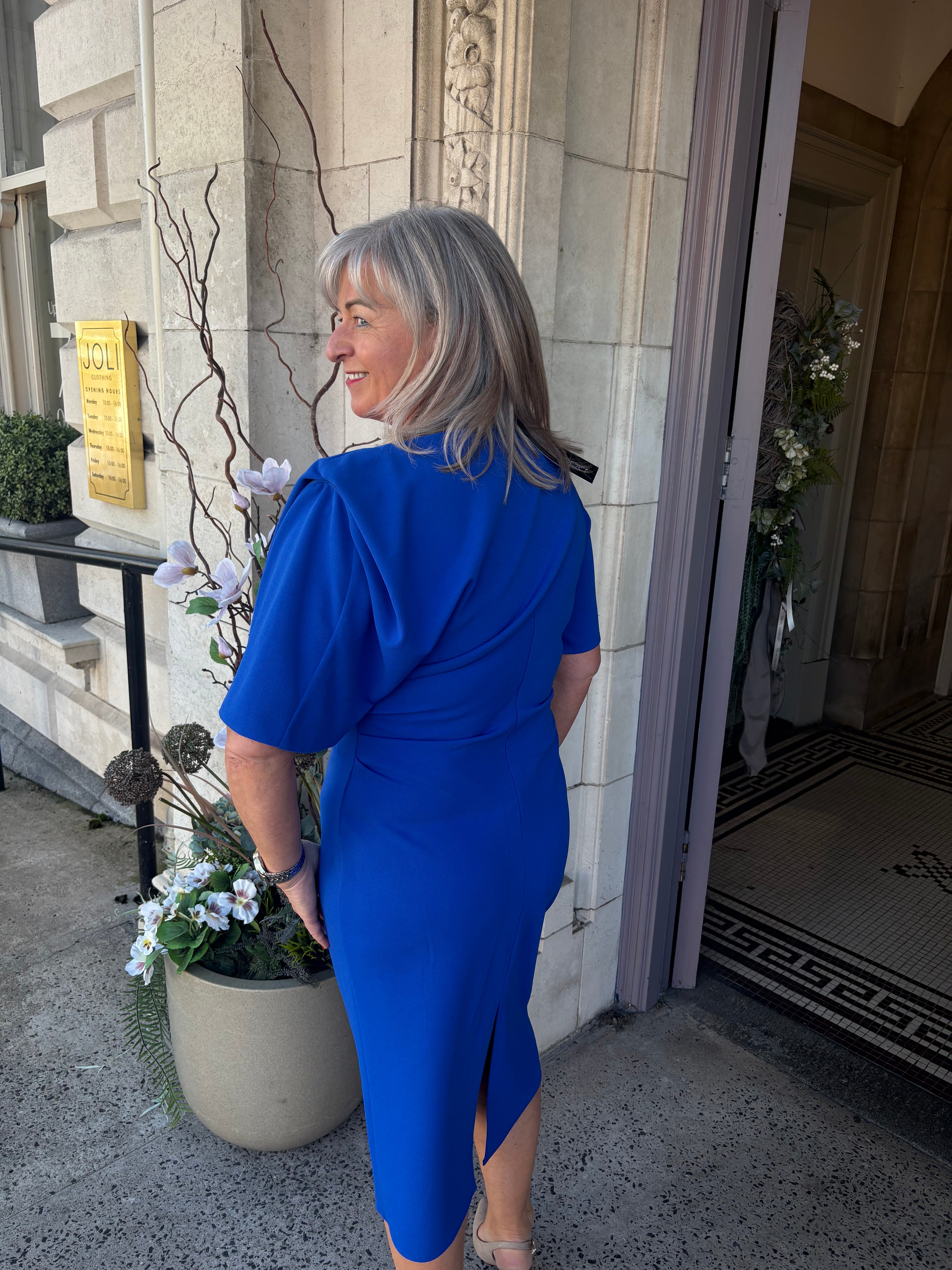 Shawl Neckline Dress With Short Sleeve in True Blue