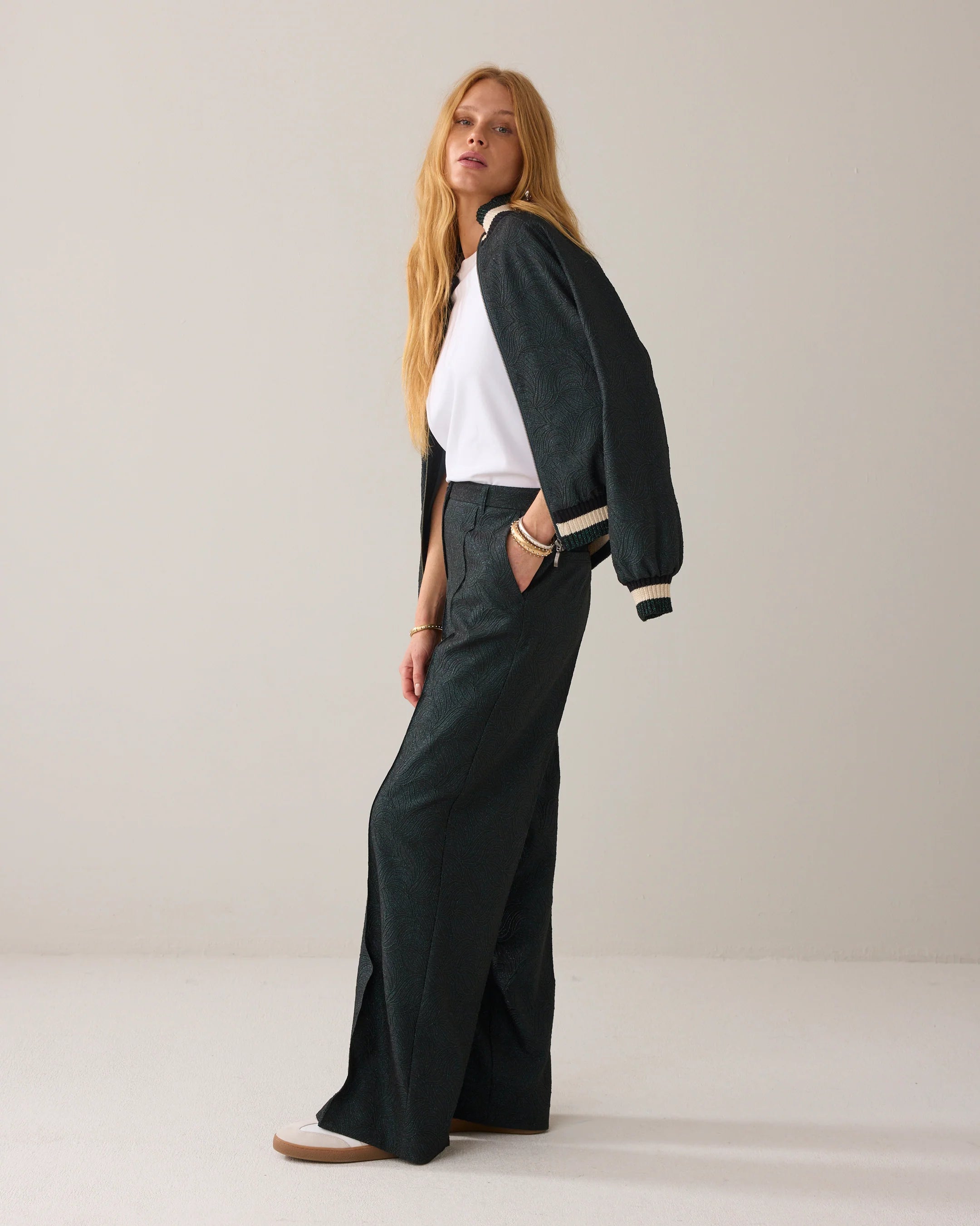 Glitter Jacquard Straight Trouser in Emerald Green