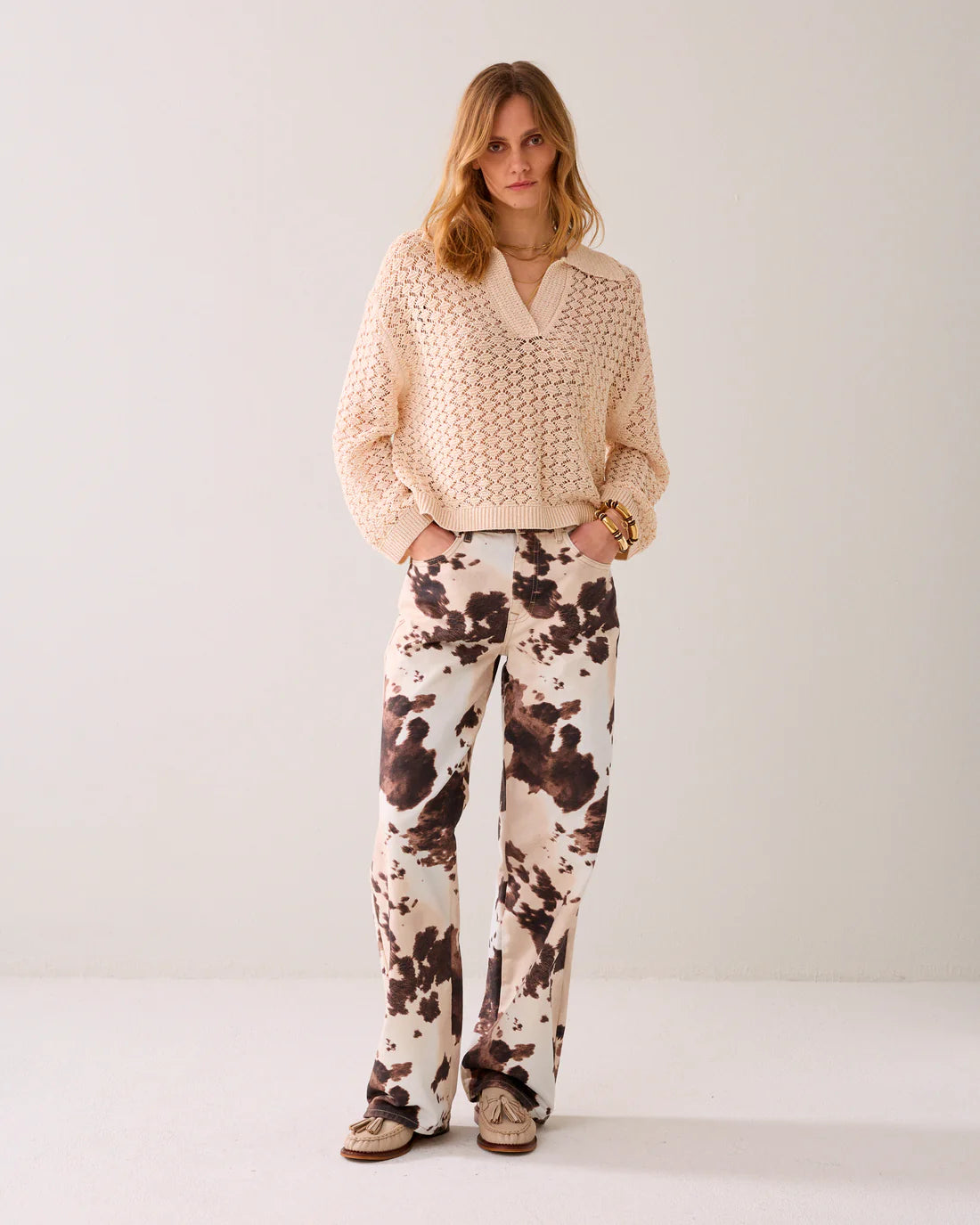 Baggy Straight Trousers in Cow Print