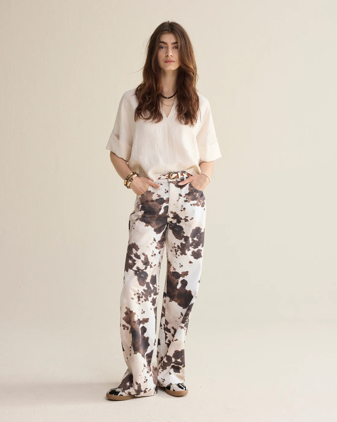Baggy Straight Trousers in Cow Print