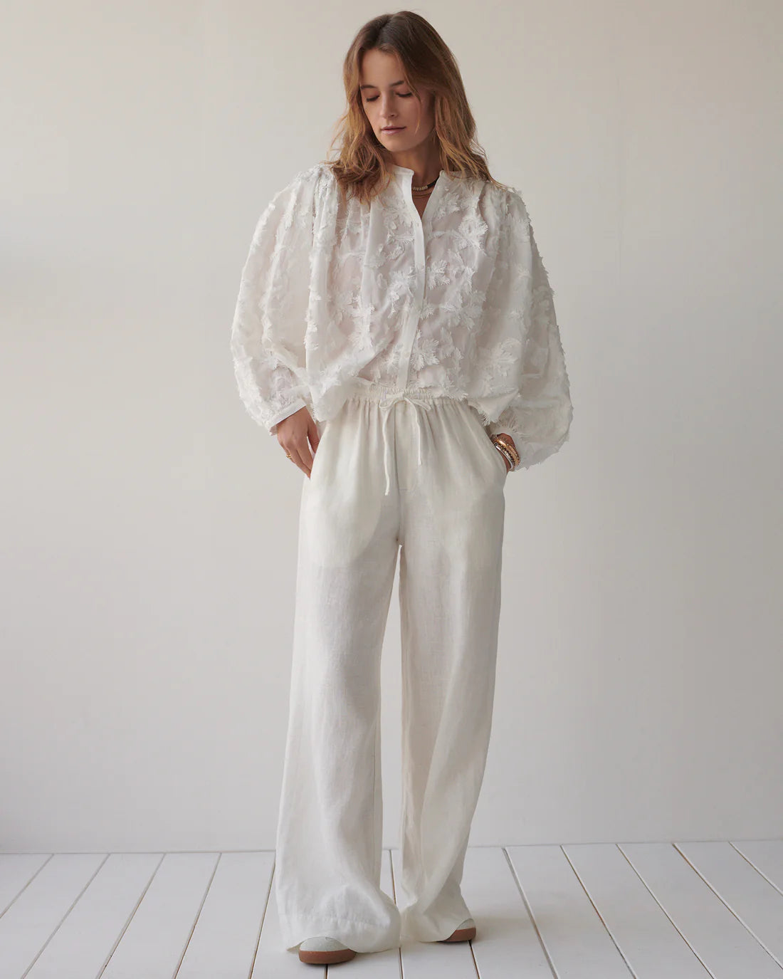 Wide Leg Linen Trouser in Off White
