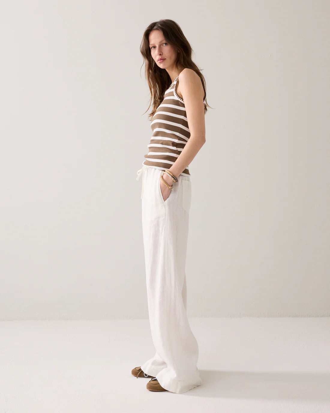 Wide Leg Linen Trouser in Off White