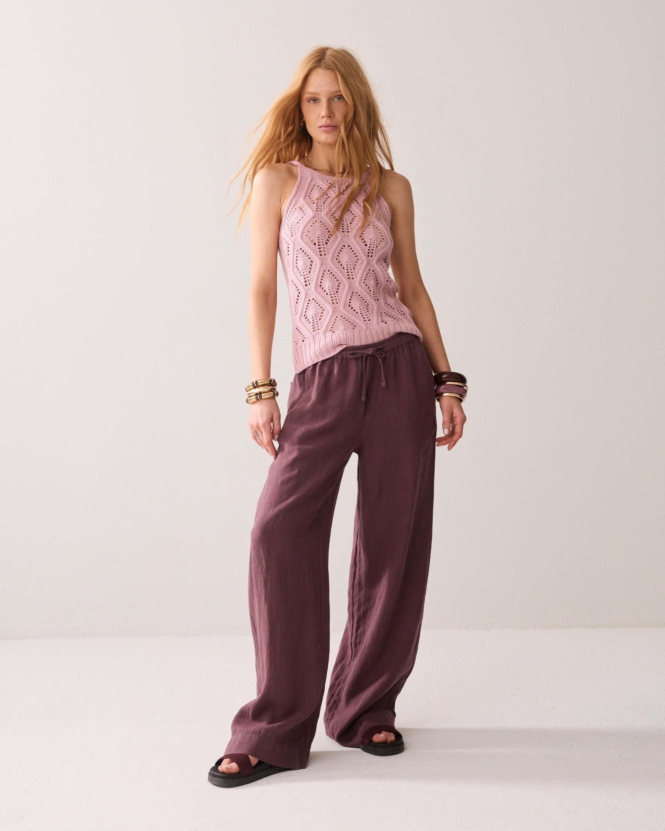 Wide Leg Linen Trouser in Deep Fig