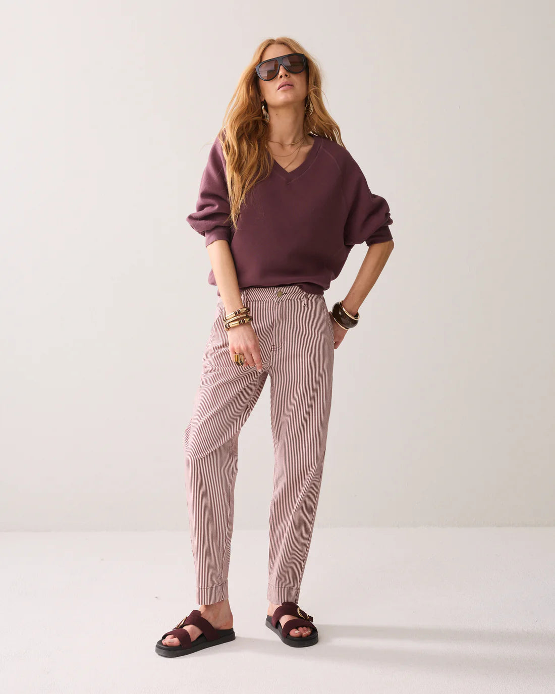 Stipped Chinos in Deep Fig