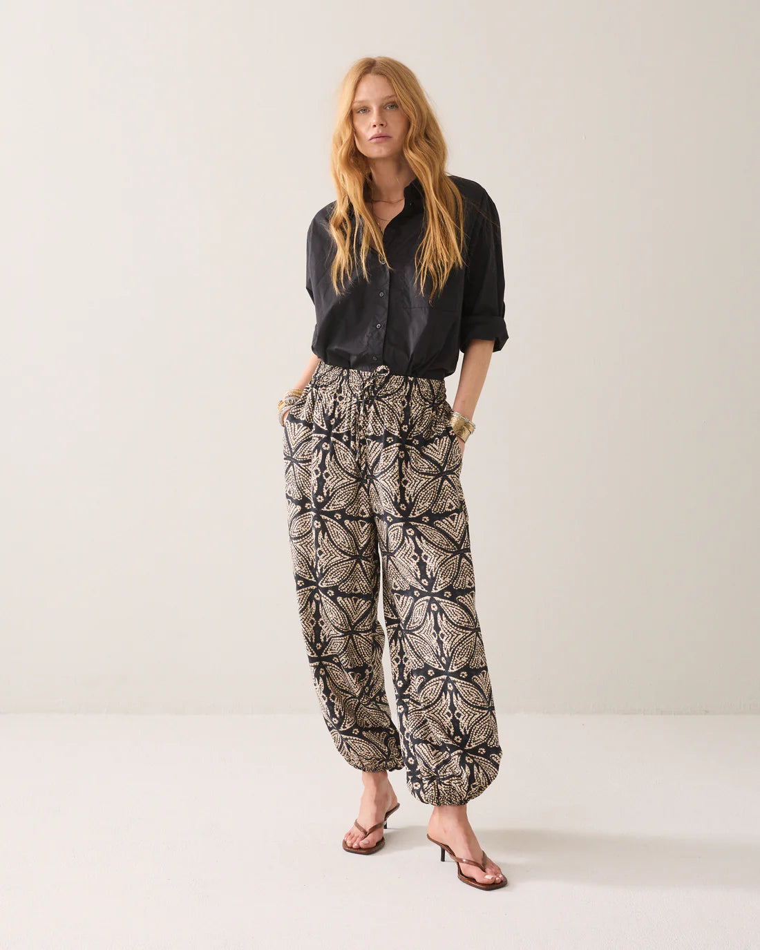 Ethnic Print Harem Trousers in Black