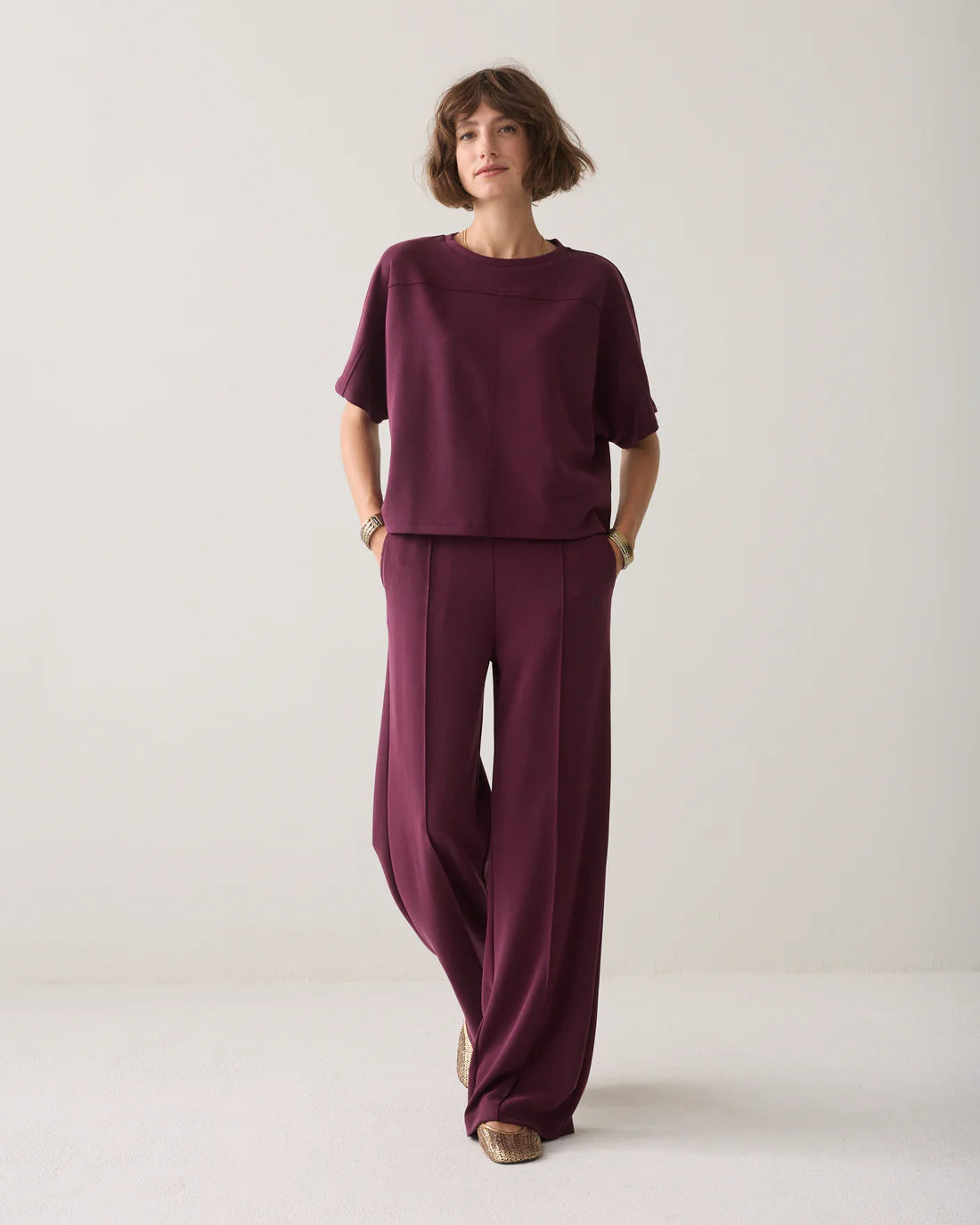 Soft Scuba Wide Leg Trousers in Dark Burgundy