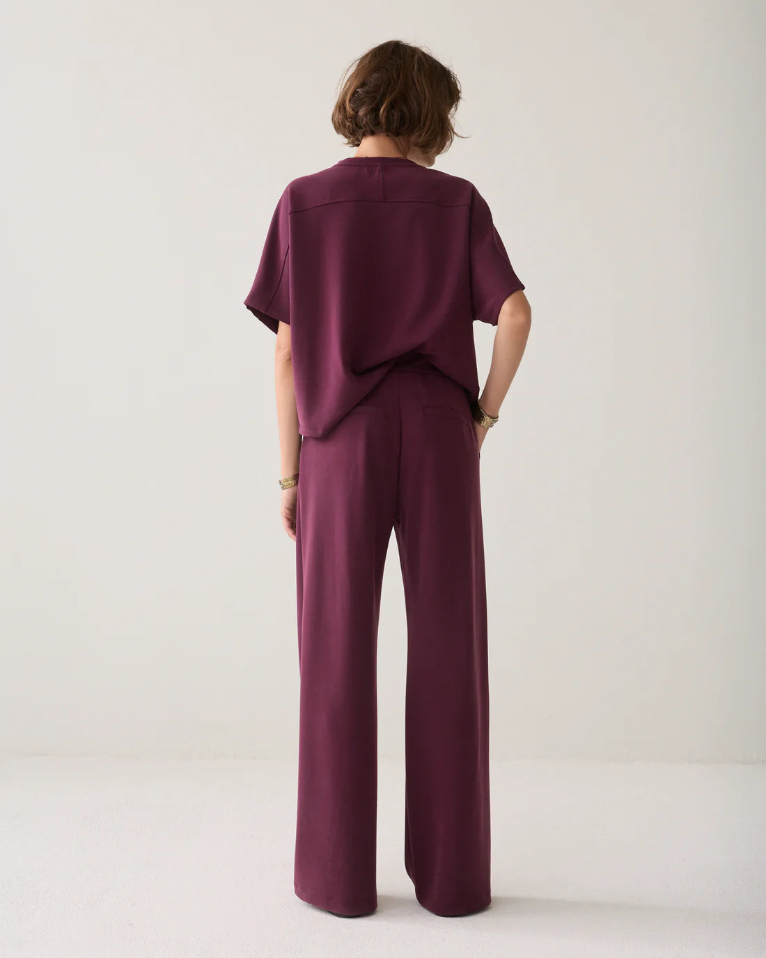 Soft Scuba Wide Leg Trousers in Dark Burgundy