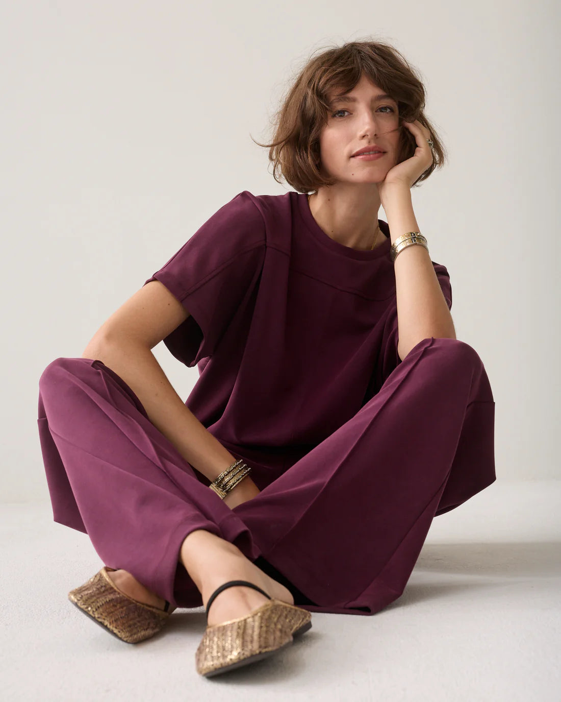 Soft Scuba Wide Leg Trousers in Dark Burgundy