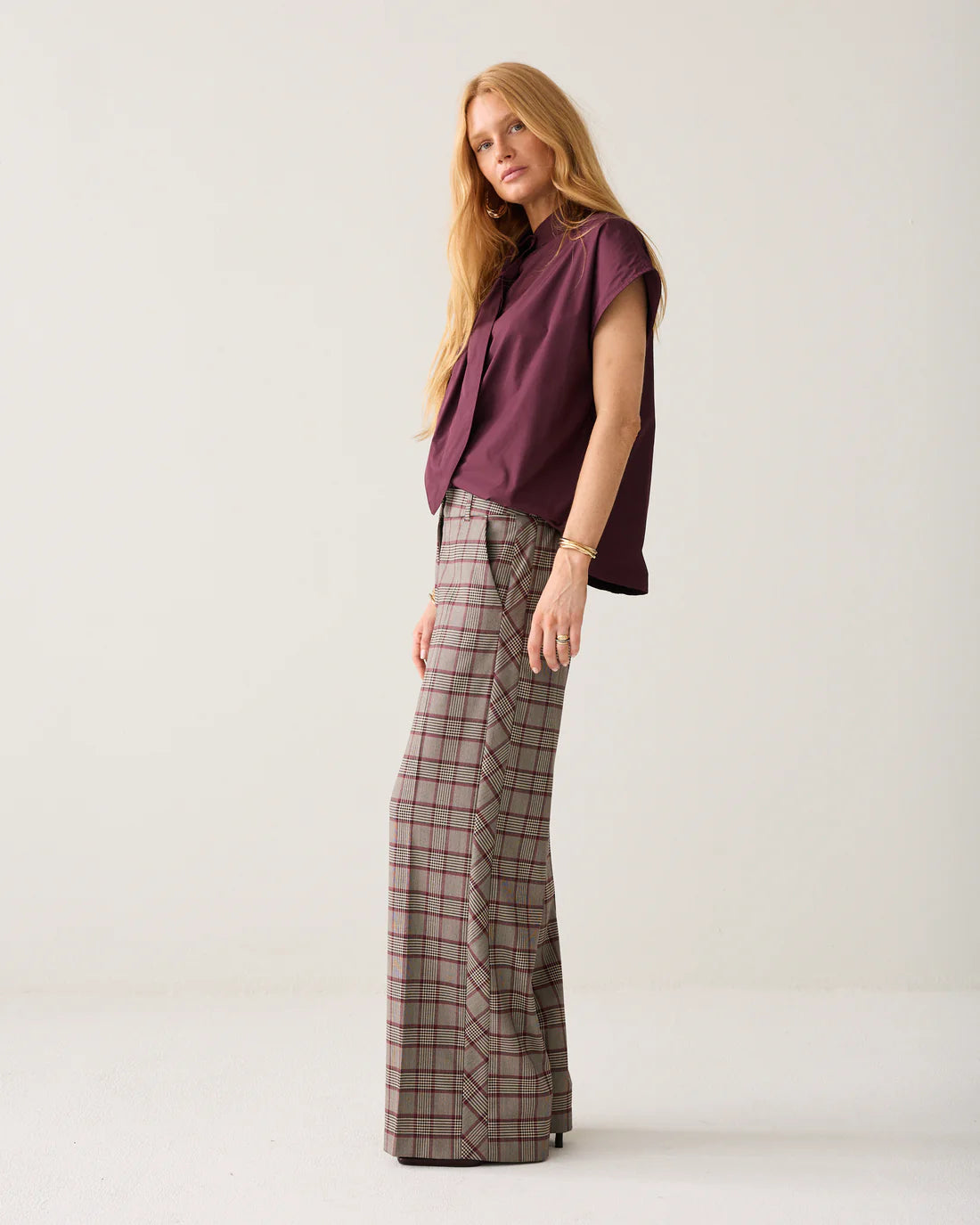 Plaid Wide Leg Trousers in Burgundy