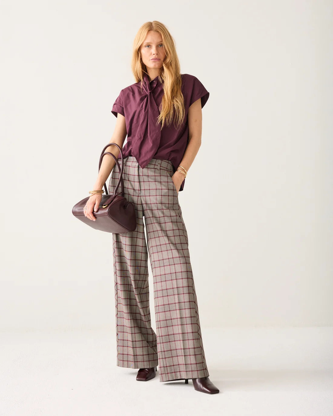 Plaid Wide Leg Trousers in Burgundy