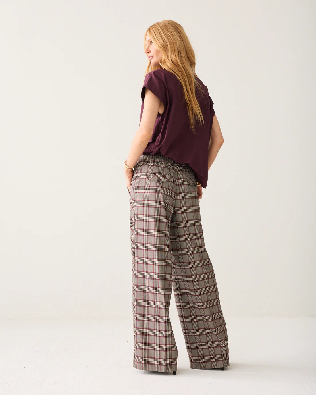 Plaid Wide Leg Trousers in Burgundy