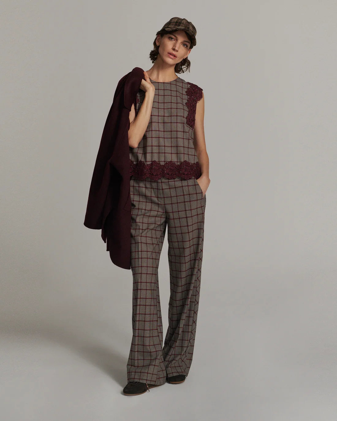 Plaid Wide Leg Trousers in Burgundy