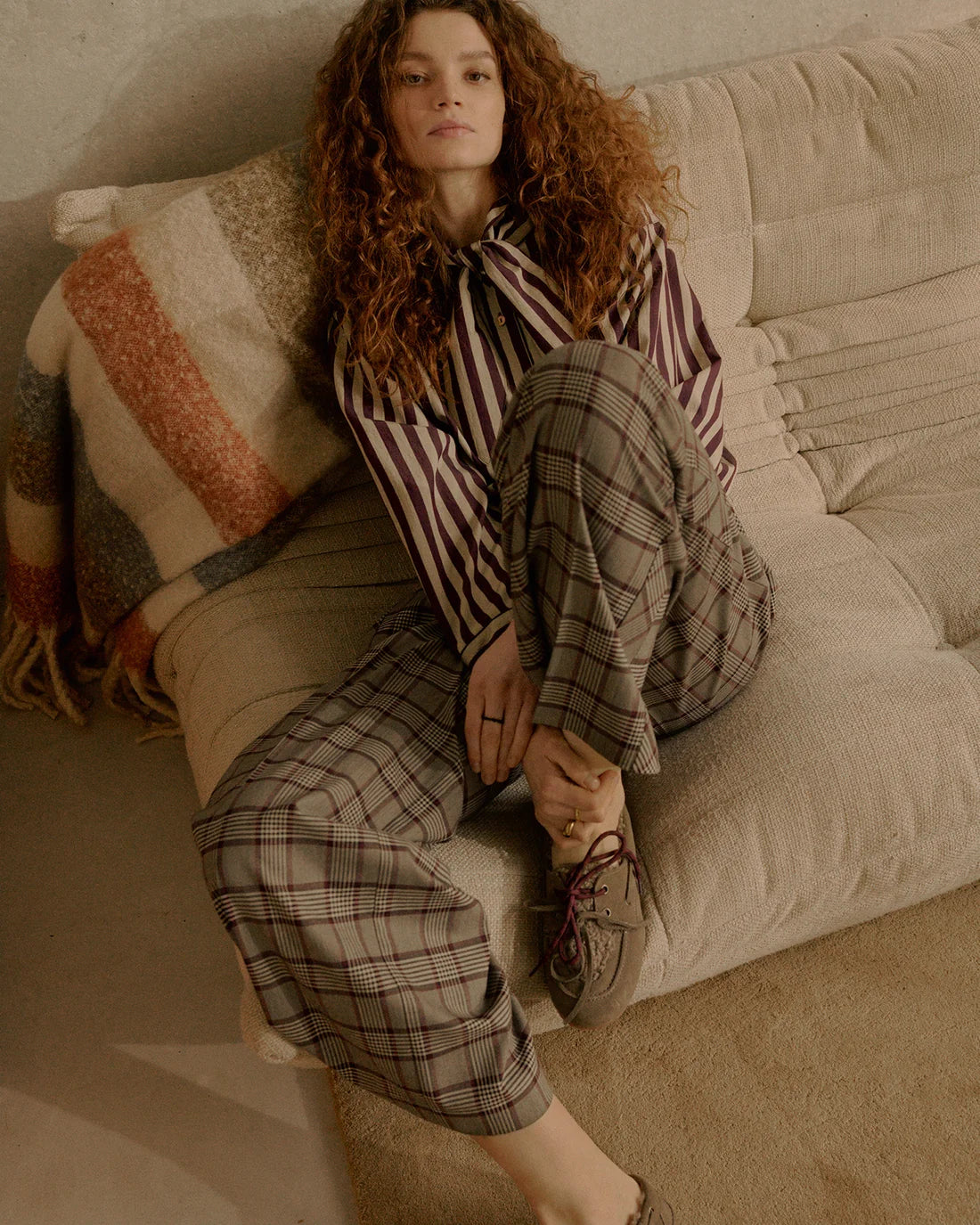 Plaid Wide Leg Trousers in Burgundy