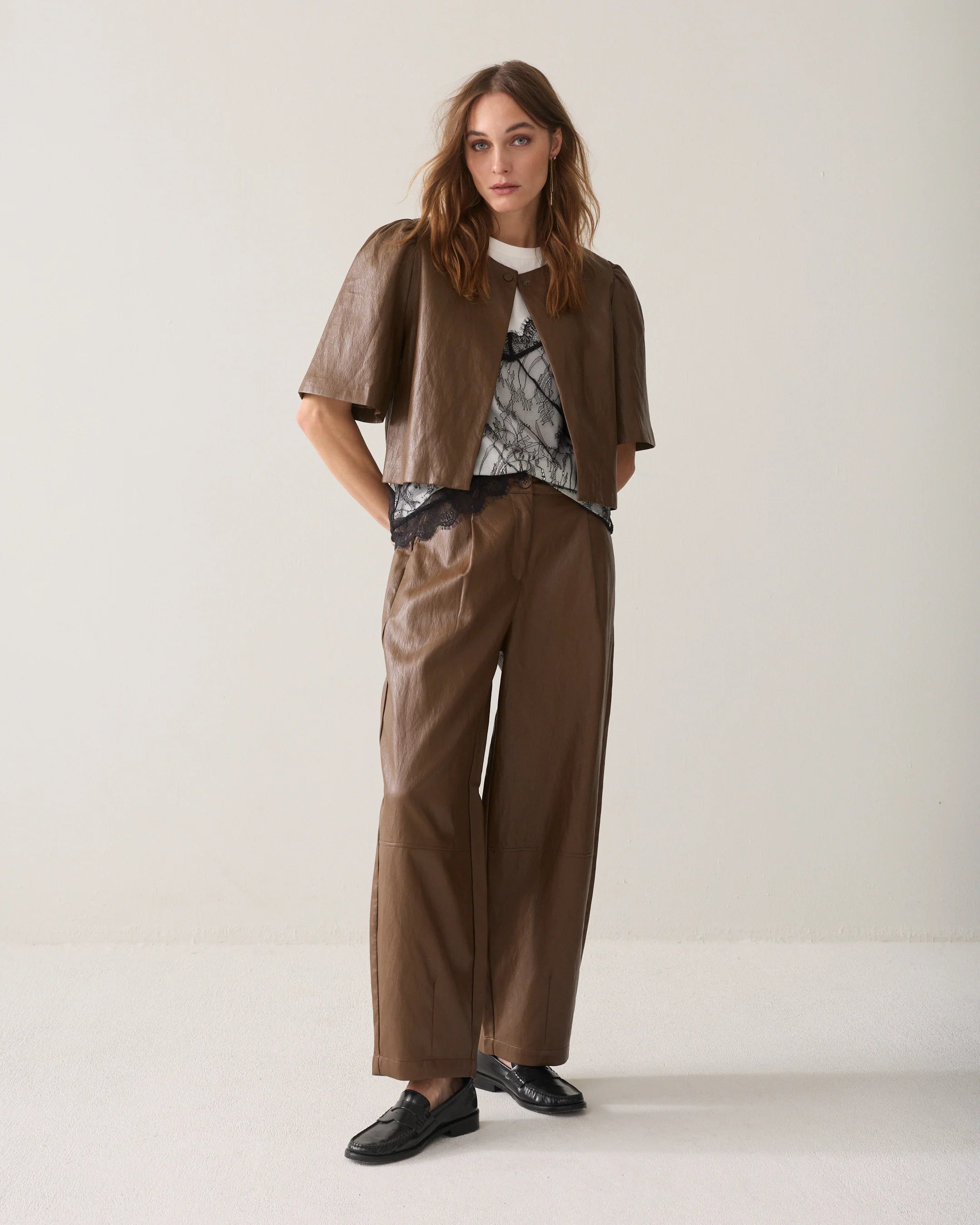 Soft Faux Leather Balloon Trouser in Sepia brown