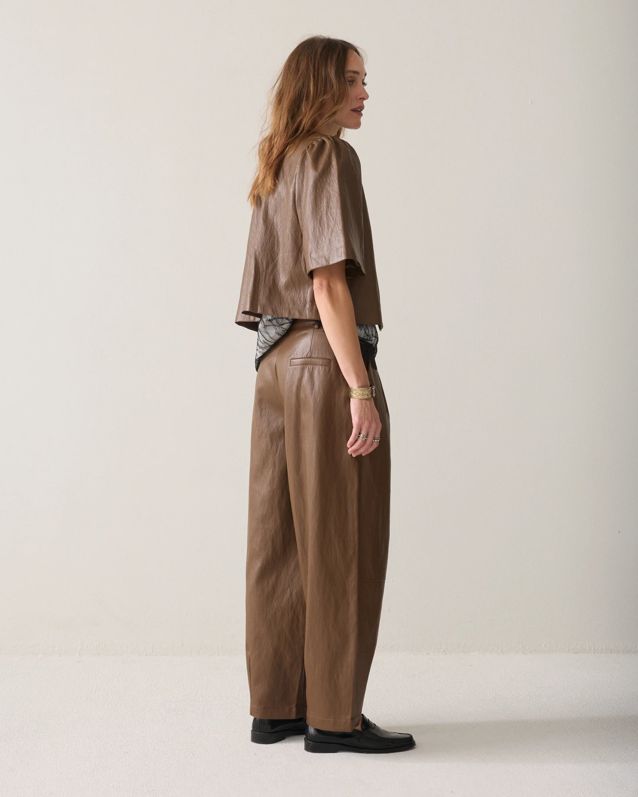 Soft Faux Leather Balloon Trouser in Sepia brown