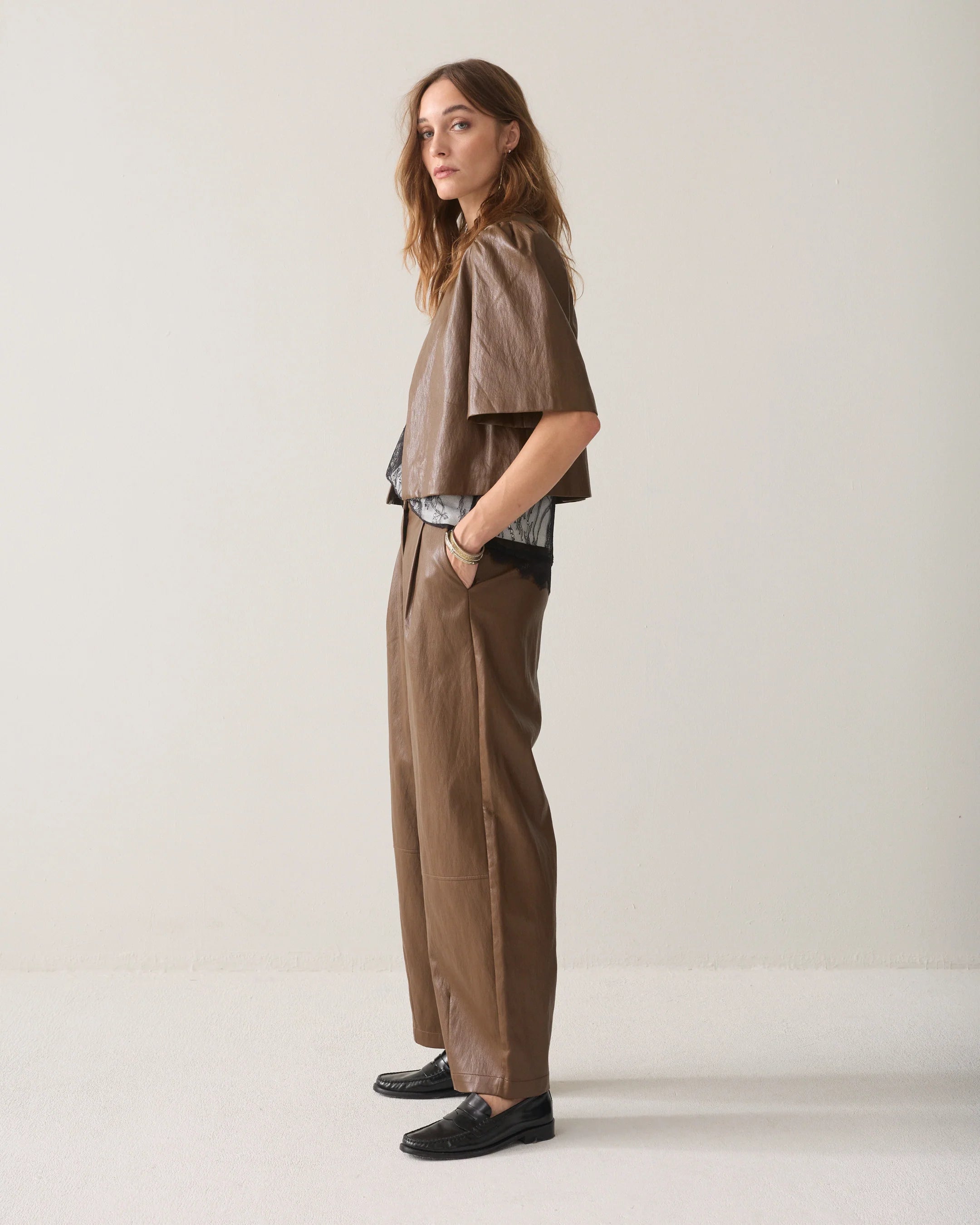 Soft Faux Leather Balloon Trouser in Sepia brown
