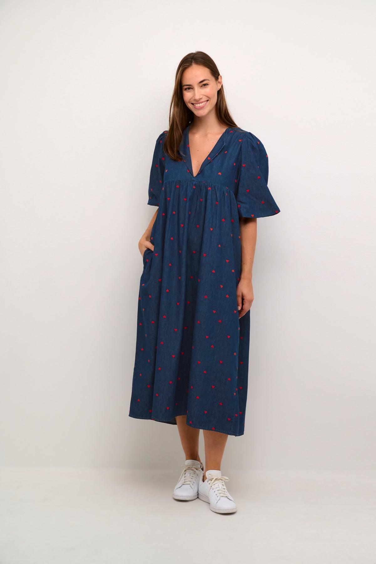 Michelle Dress in Blue Denim and Red
