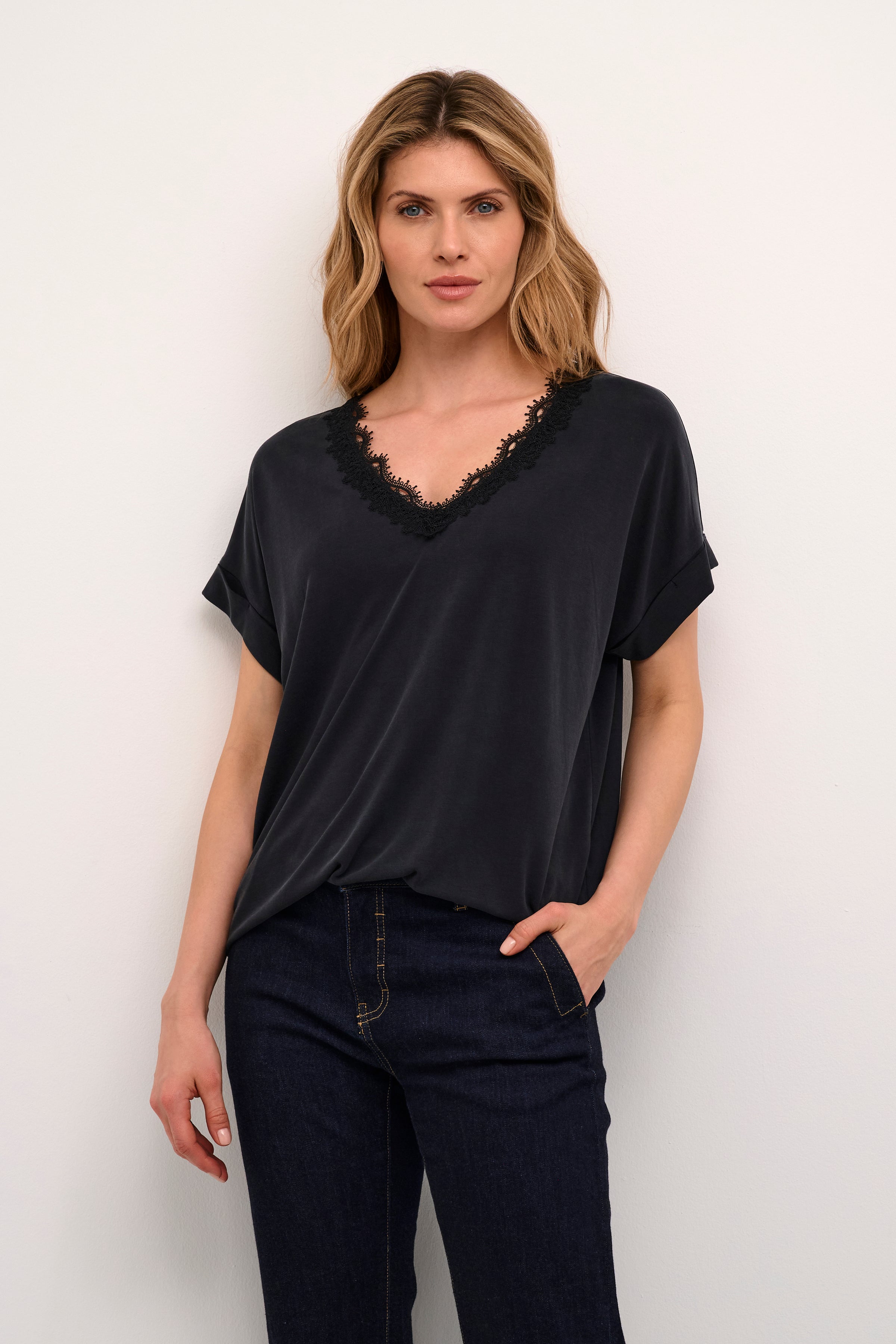 Drica Kajsa Lace T-Shirt in Black Wash