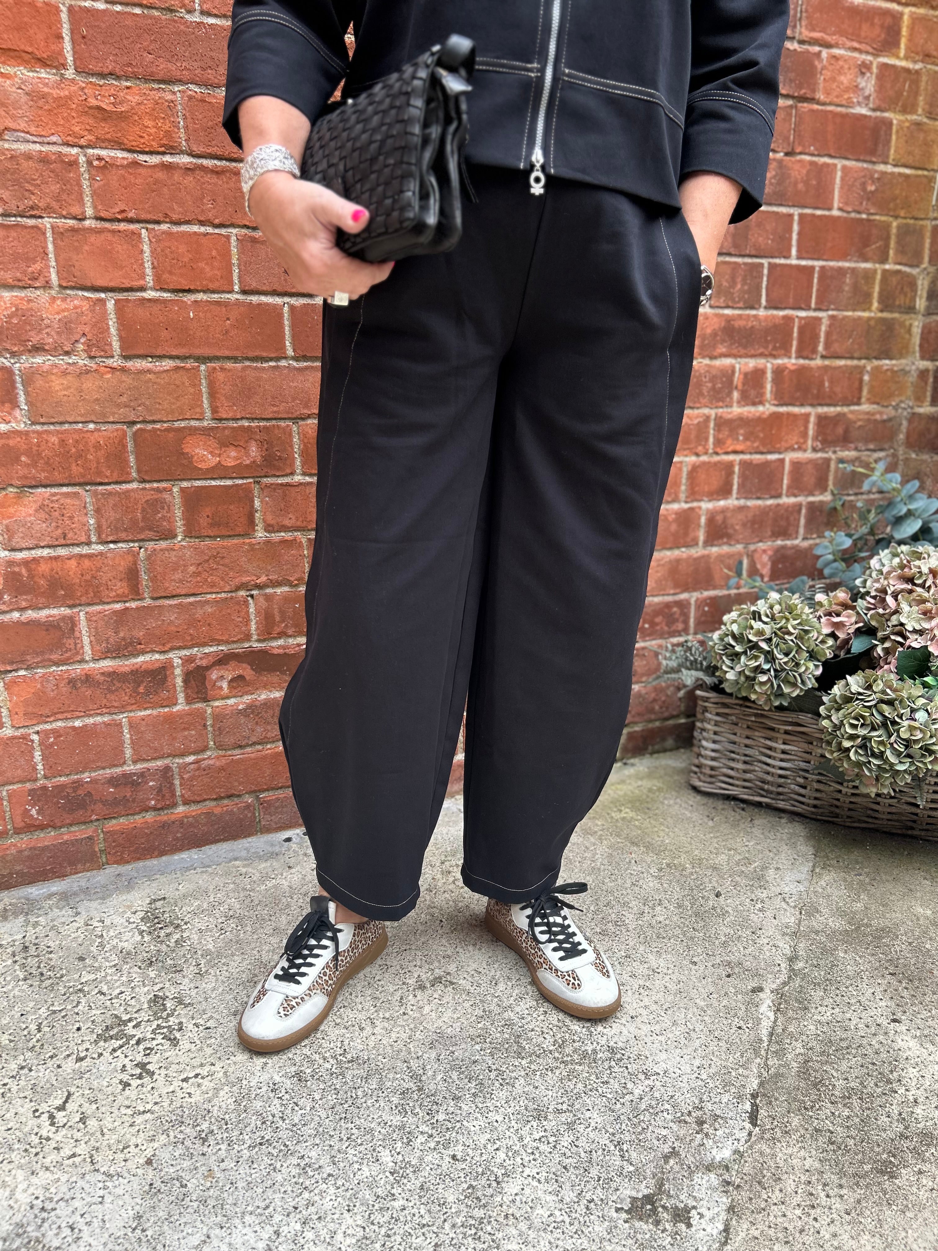 Stretch Denim-Style Barrel Leg Trousers in Black