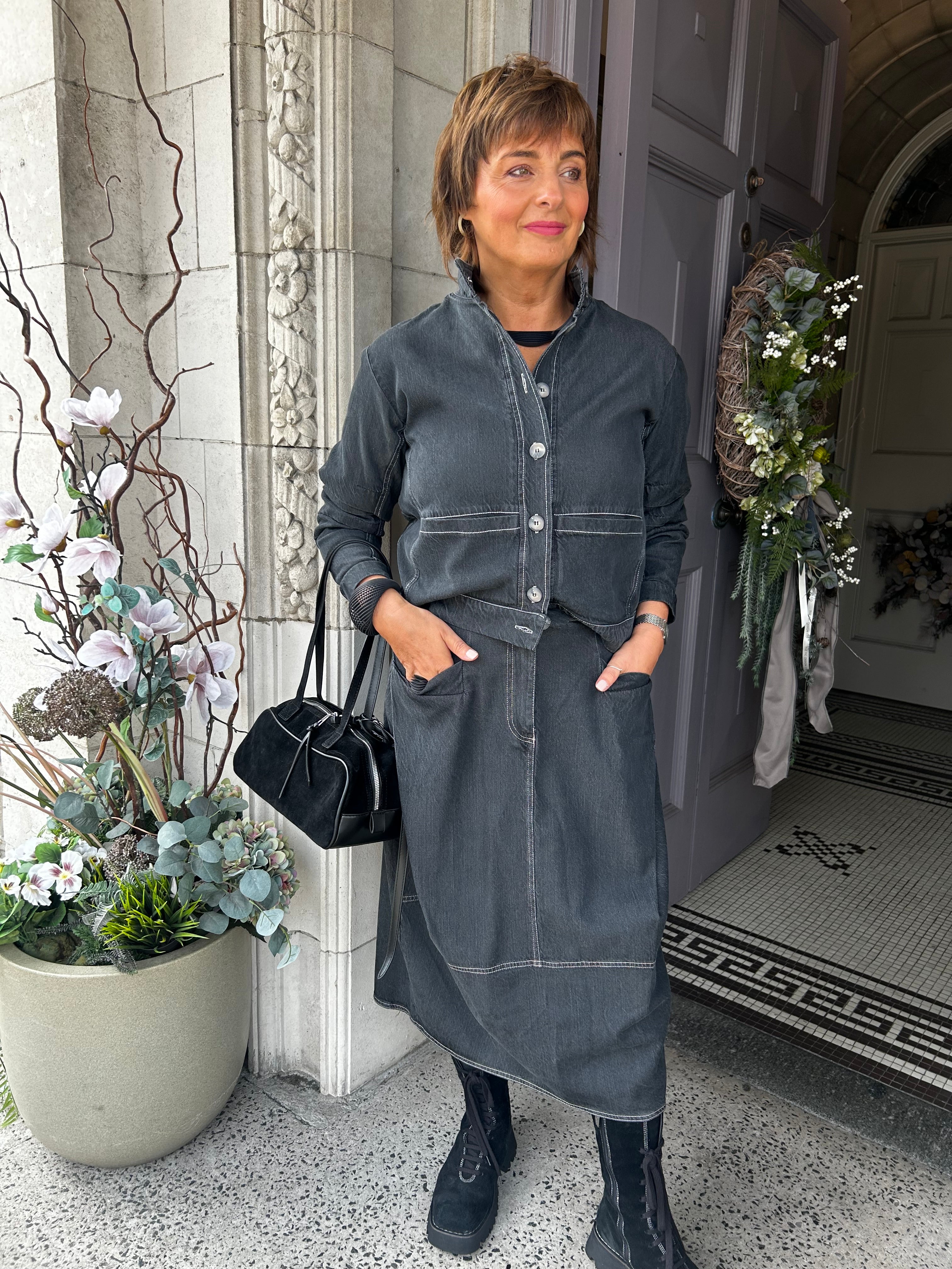 Washed Denim Midi Skirt in Black