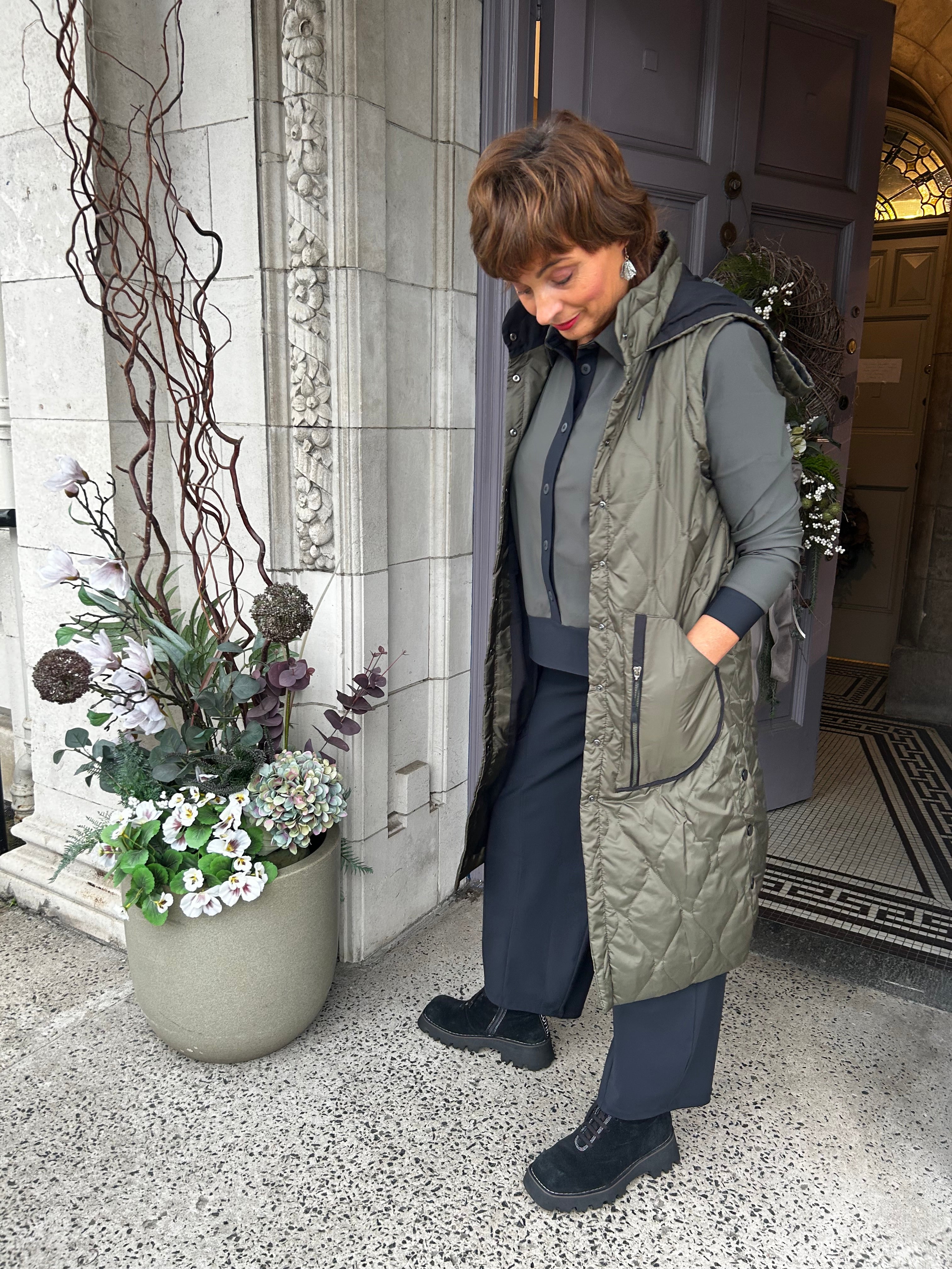 Long Quilted Waistcoat in Thyme