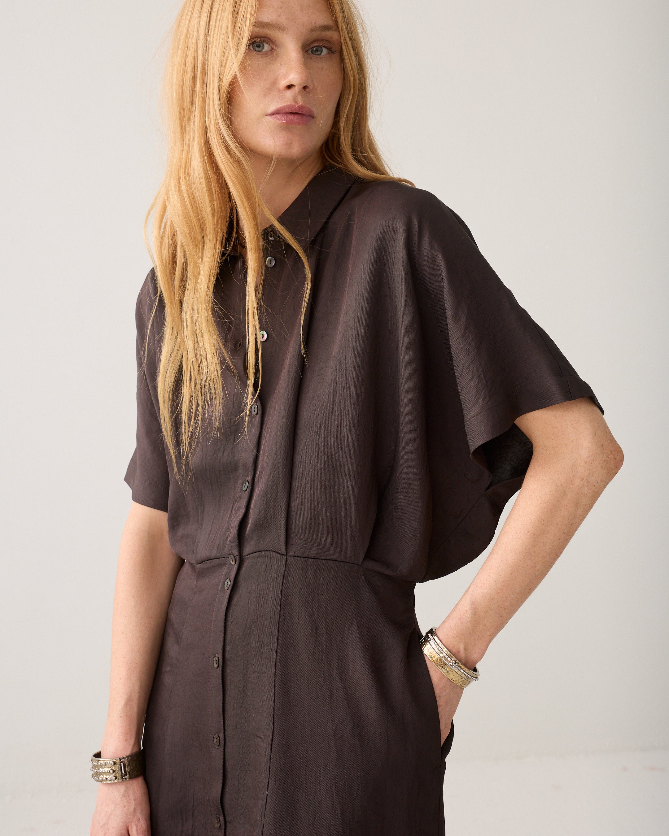 Button Down Dress Light Twill in Dark chocolate
