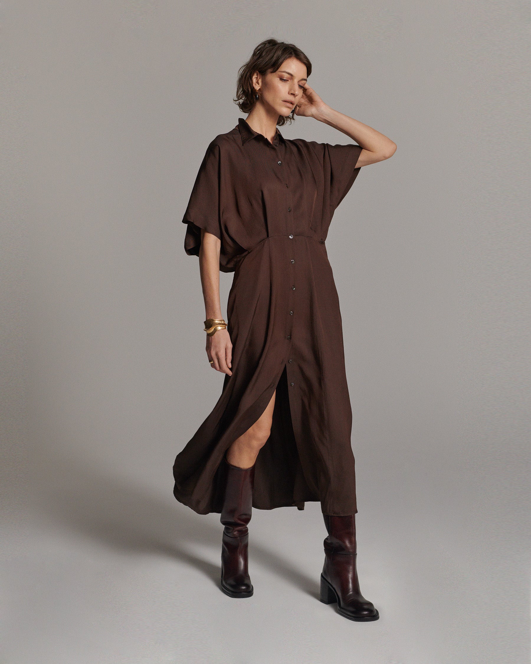 Button Down Dress Light Twill in Dark chocolate