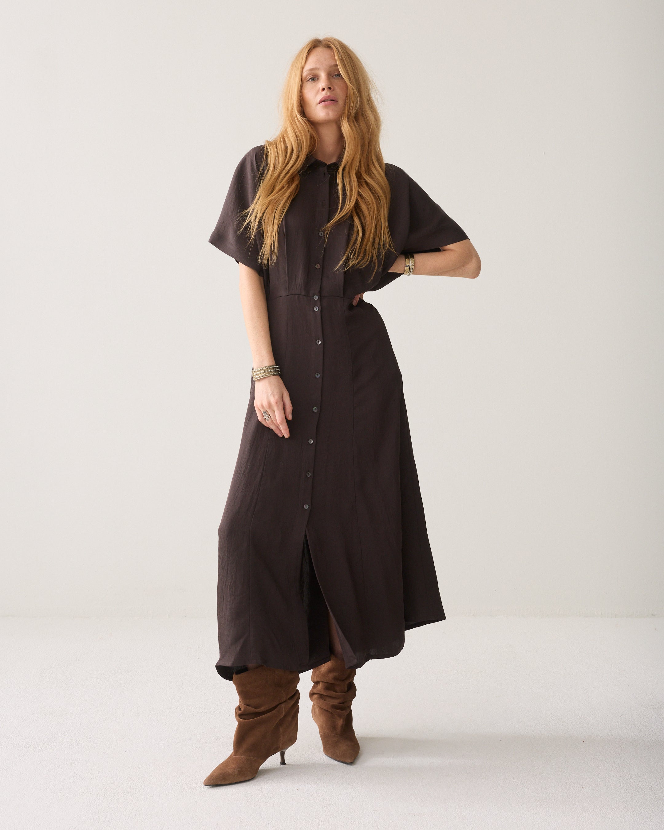 Button Down Dress Light Twill in Dark chocolate