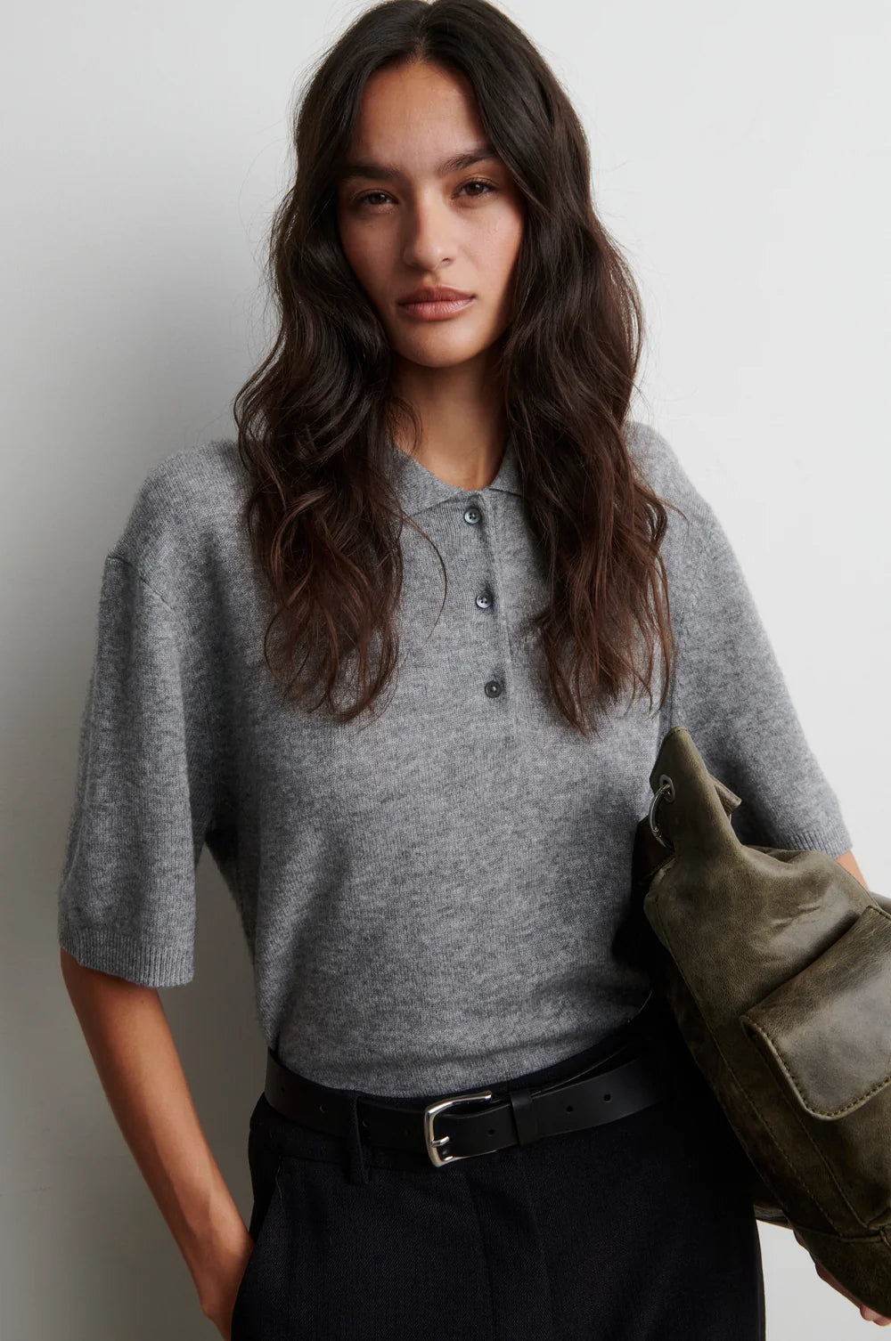 Longo Ss Knit Collar in Mid Grey Melange