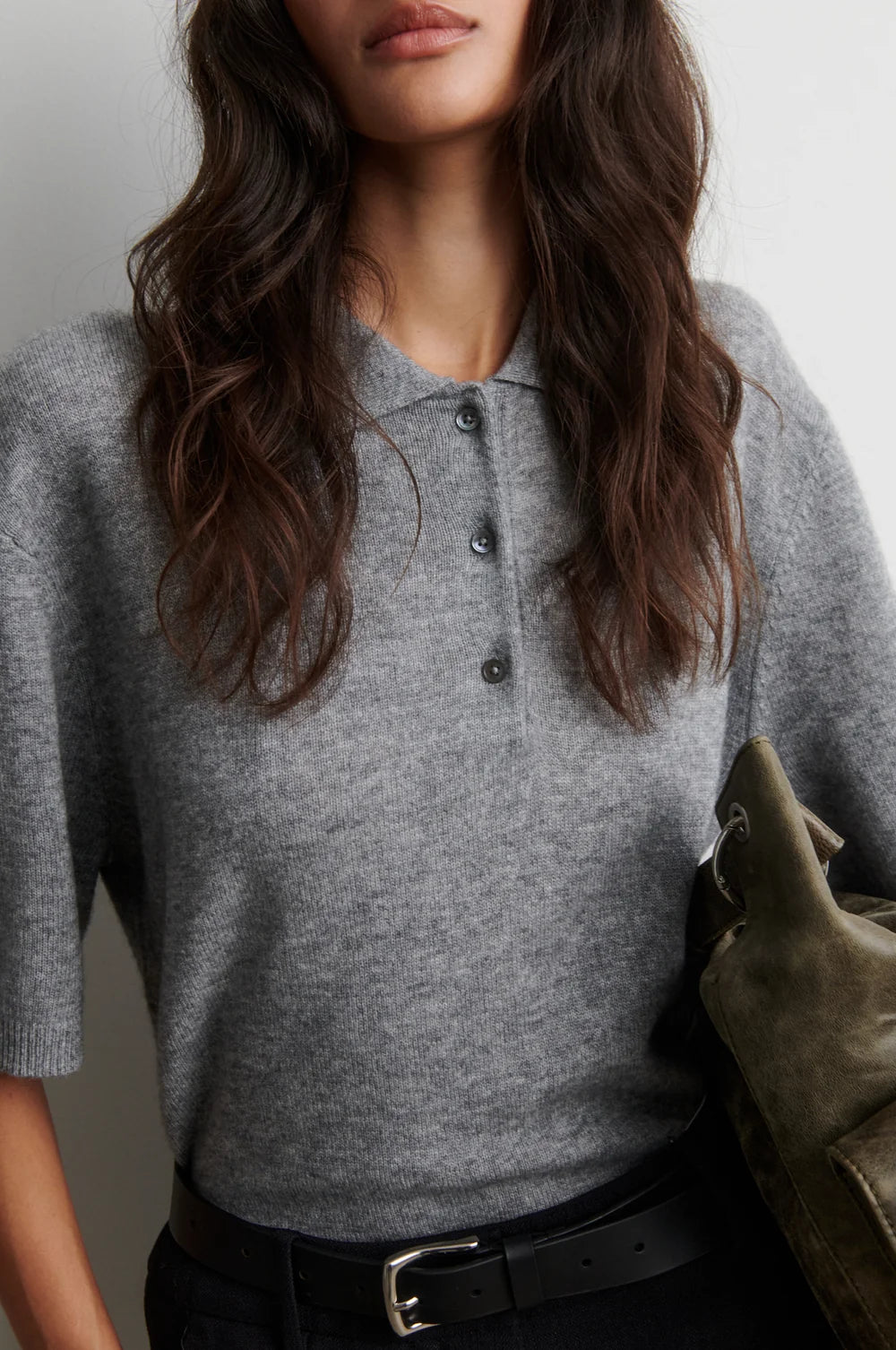 Longo Ss Knit Collar in Mid Grey Melange