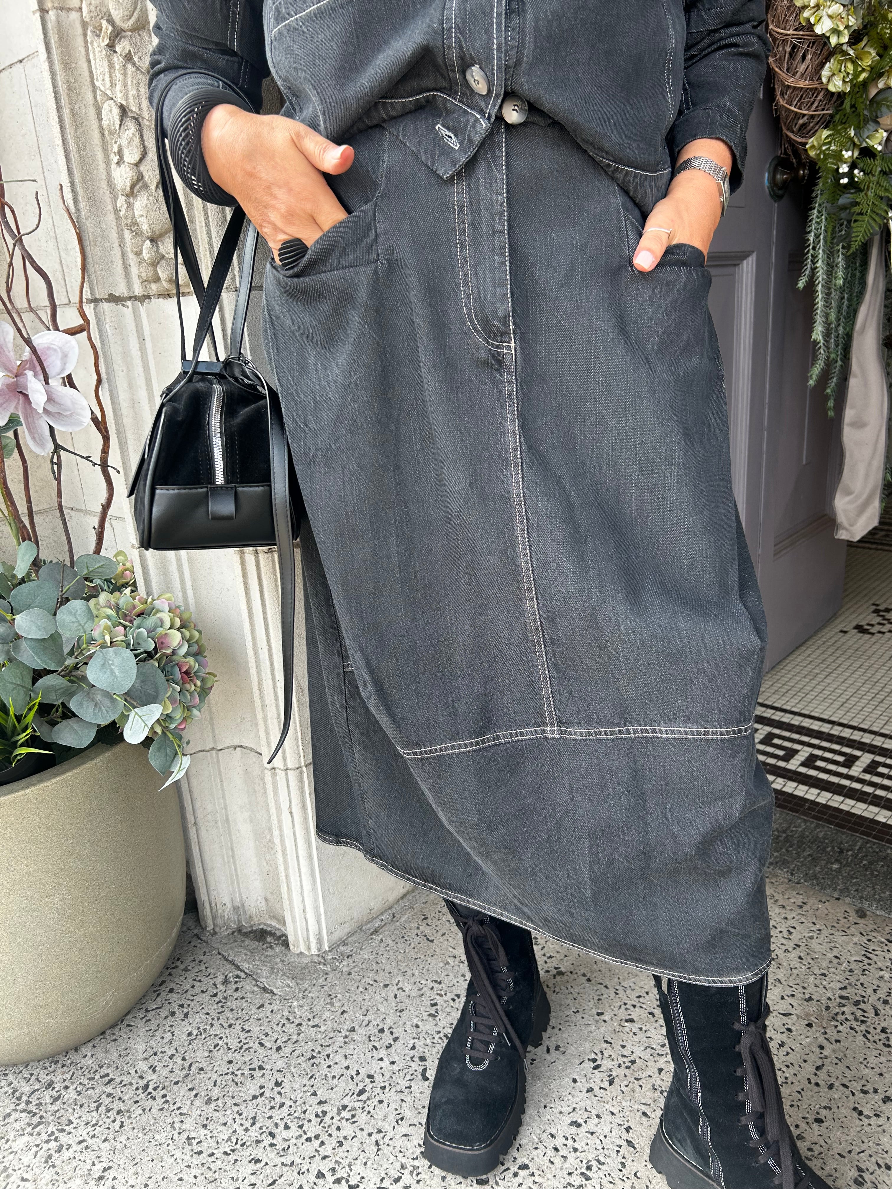 Washed Denim Midi Skirt in Black