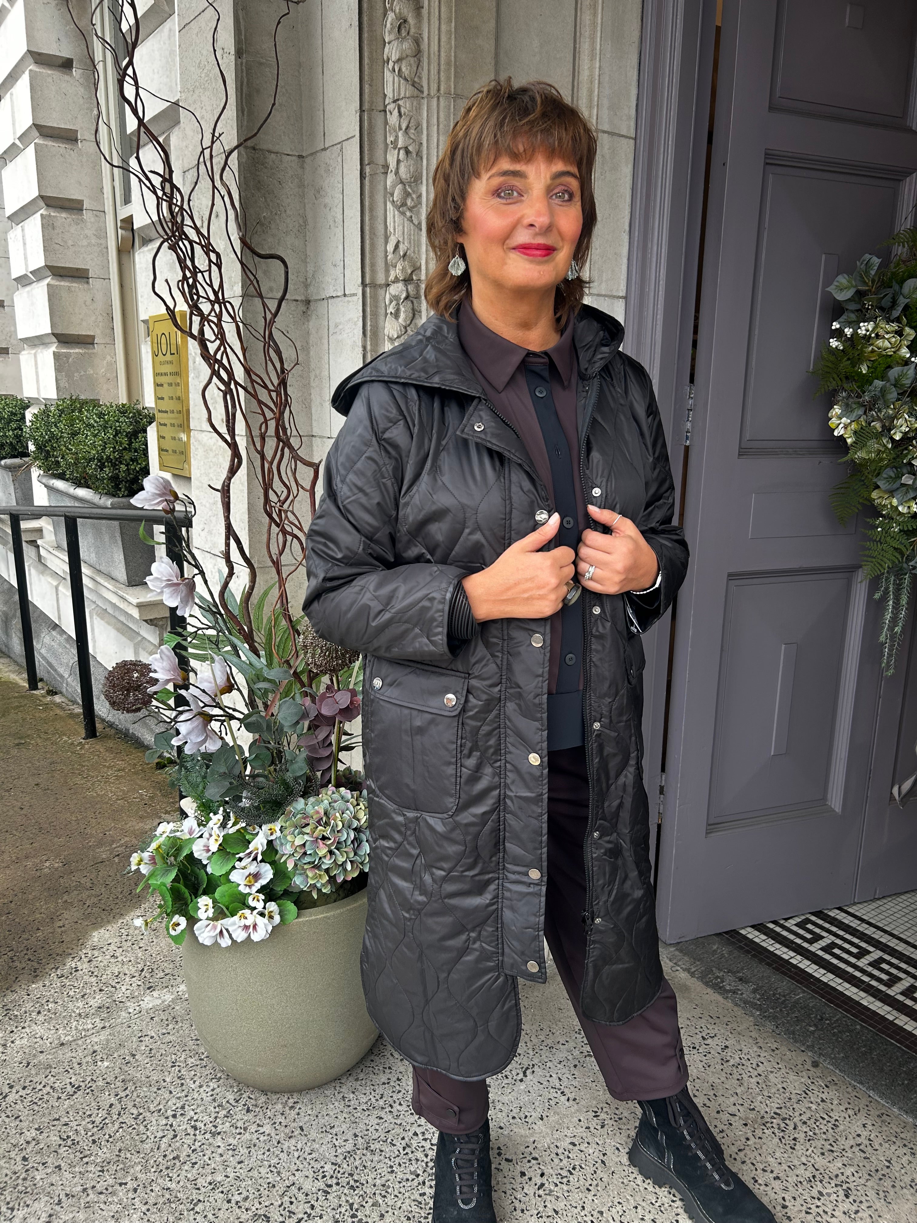 Padded Coat With Pocket And Stud Detail in Black