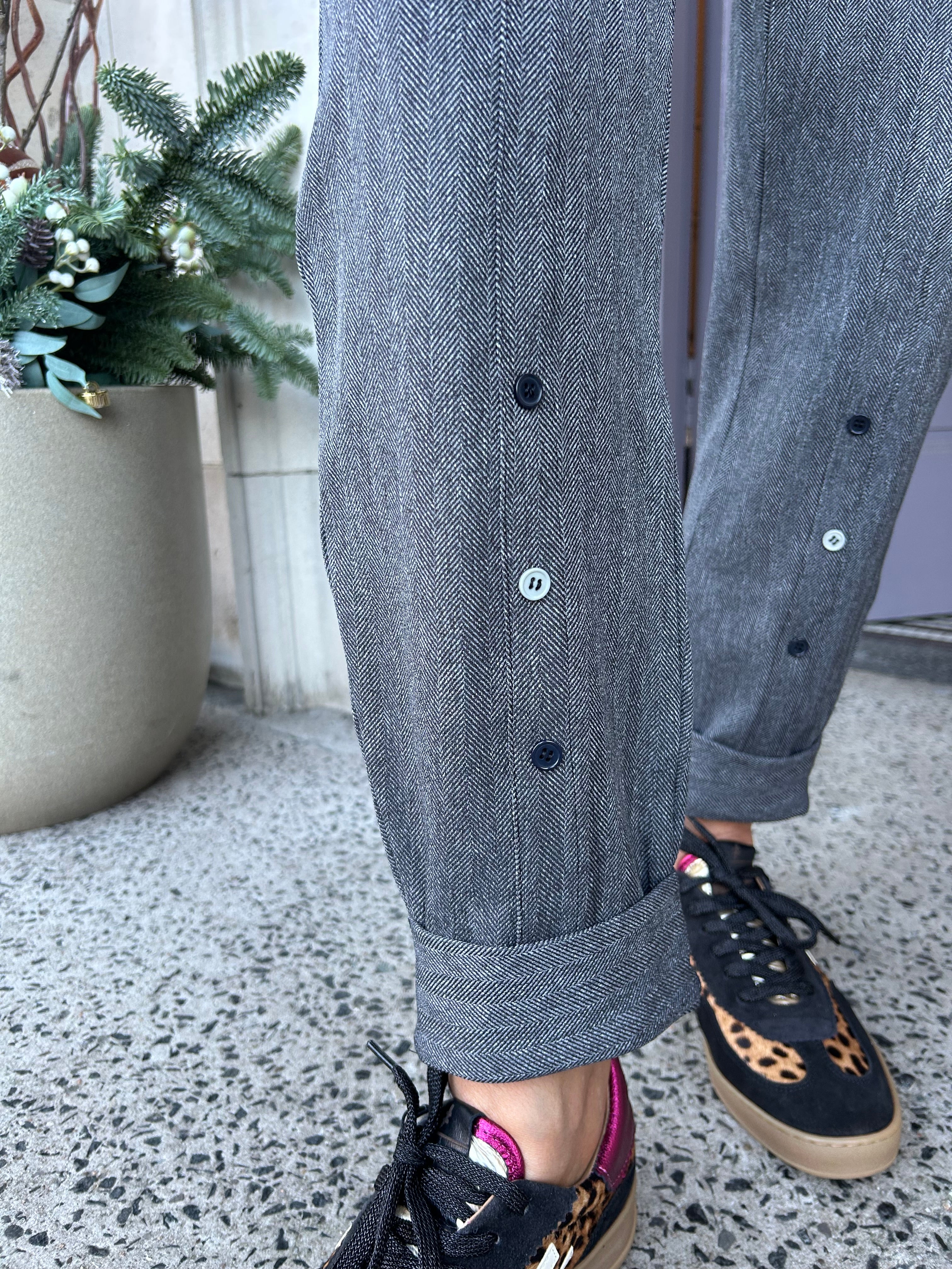 Fine Herringbone Button Detail Trouser in Grey