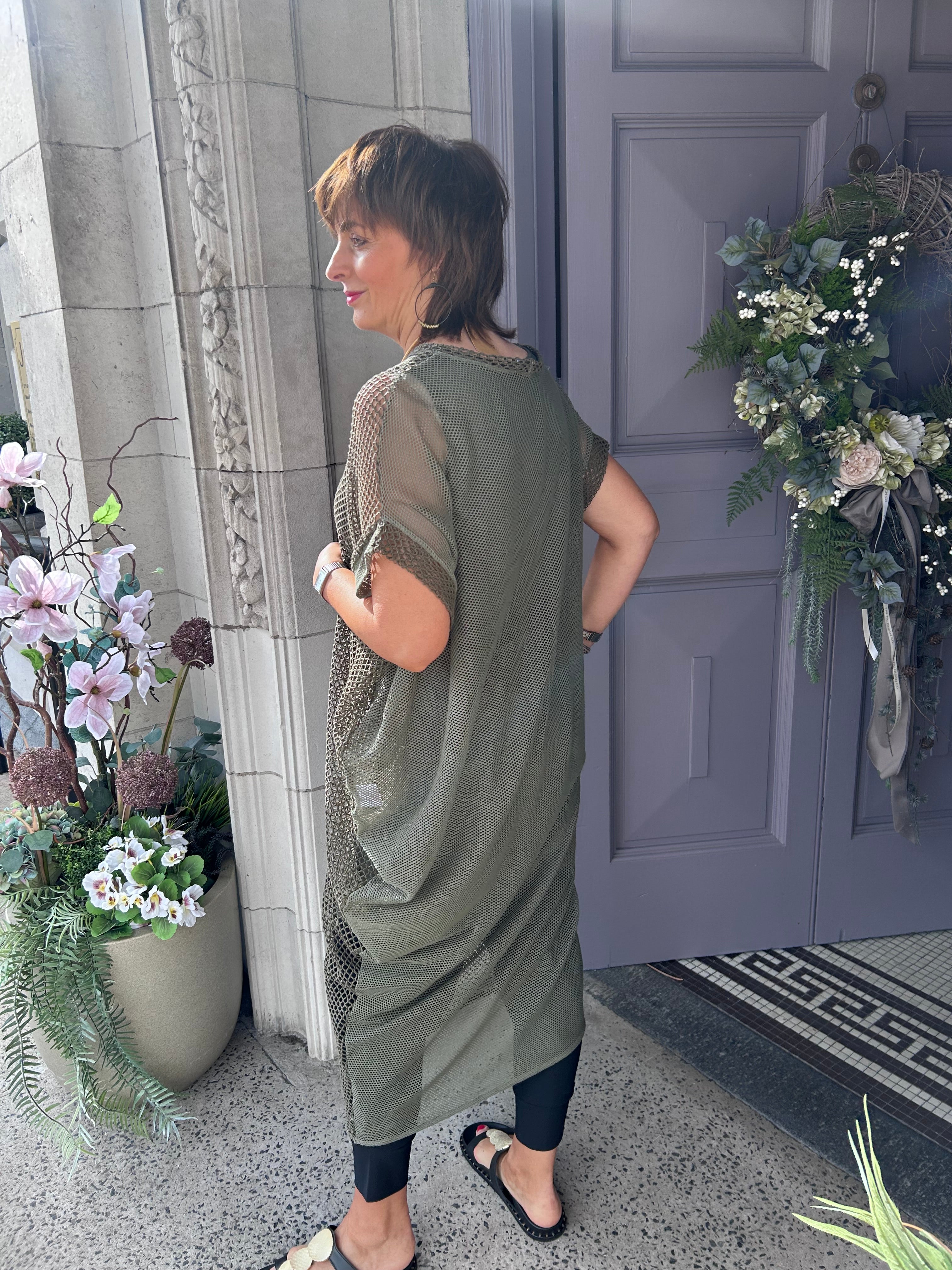 Seva Mesh Overlay Dress in Khaki