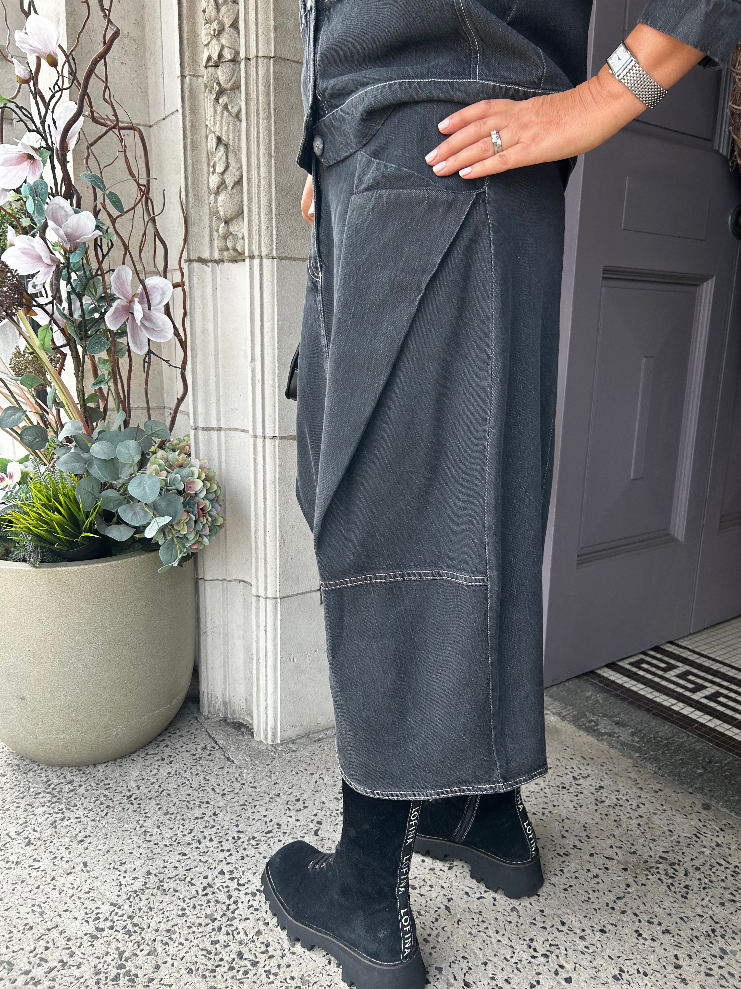 Washed Denim Midi Skirt in Black