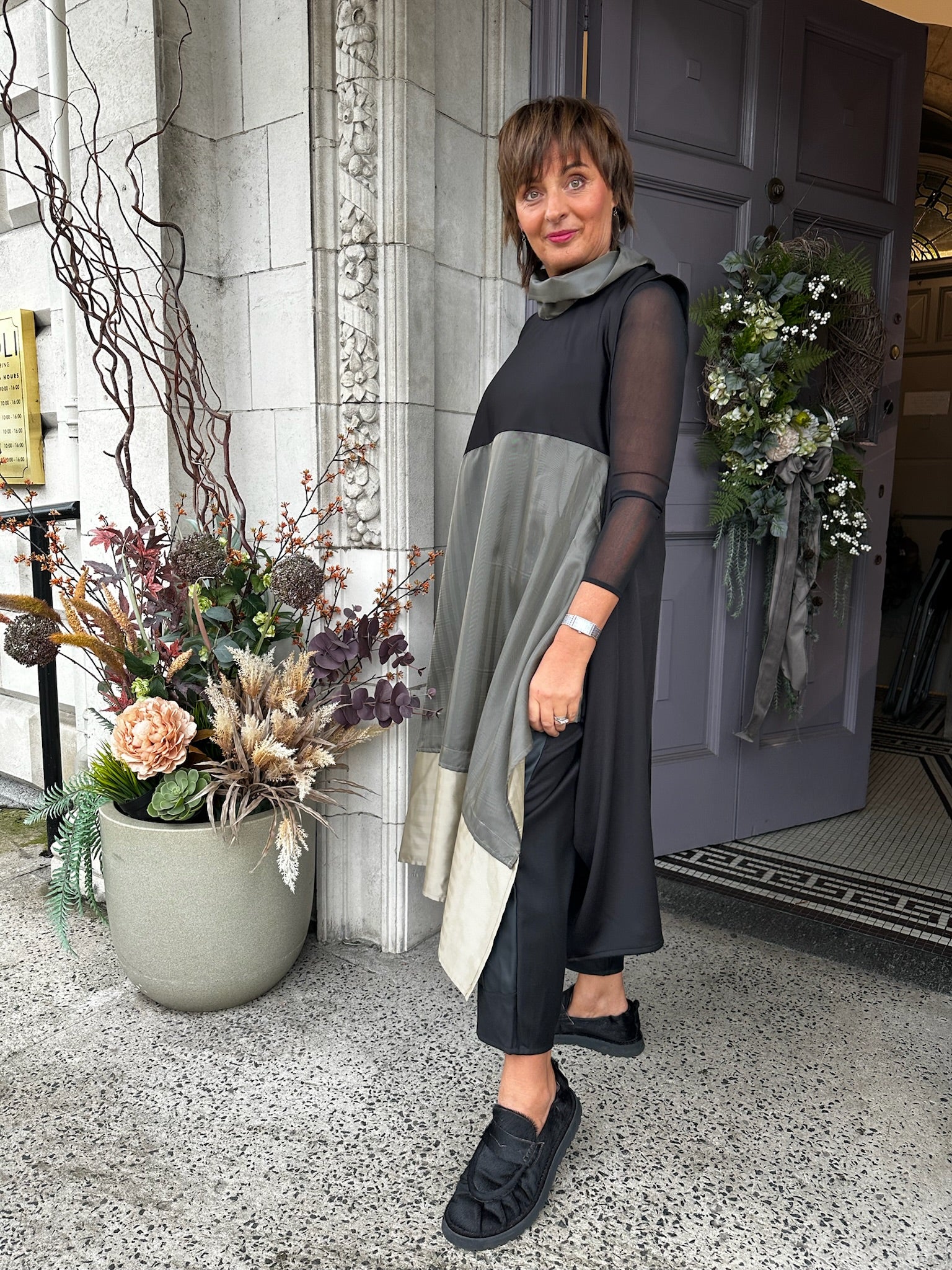 Asymmetric Colour Block Dress in Sage/Black