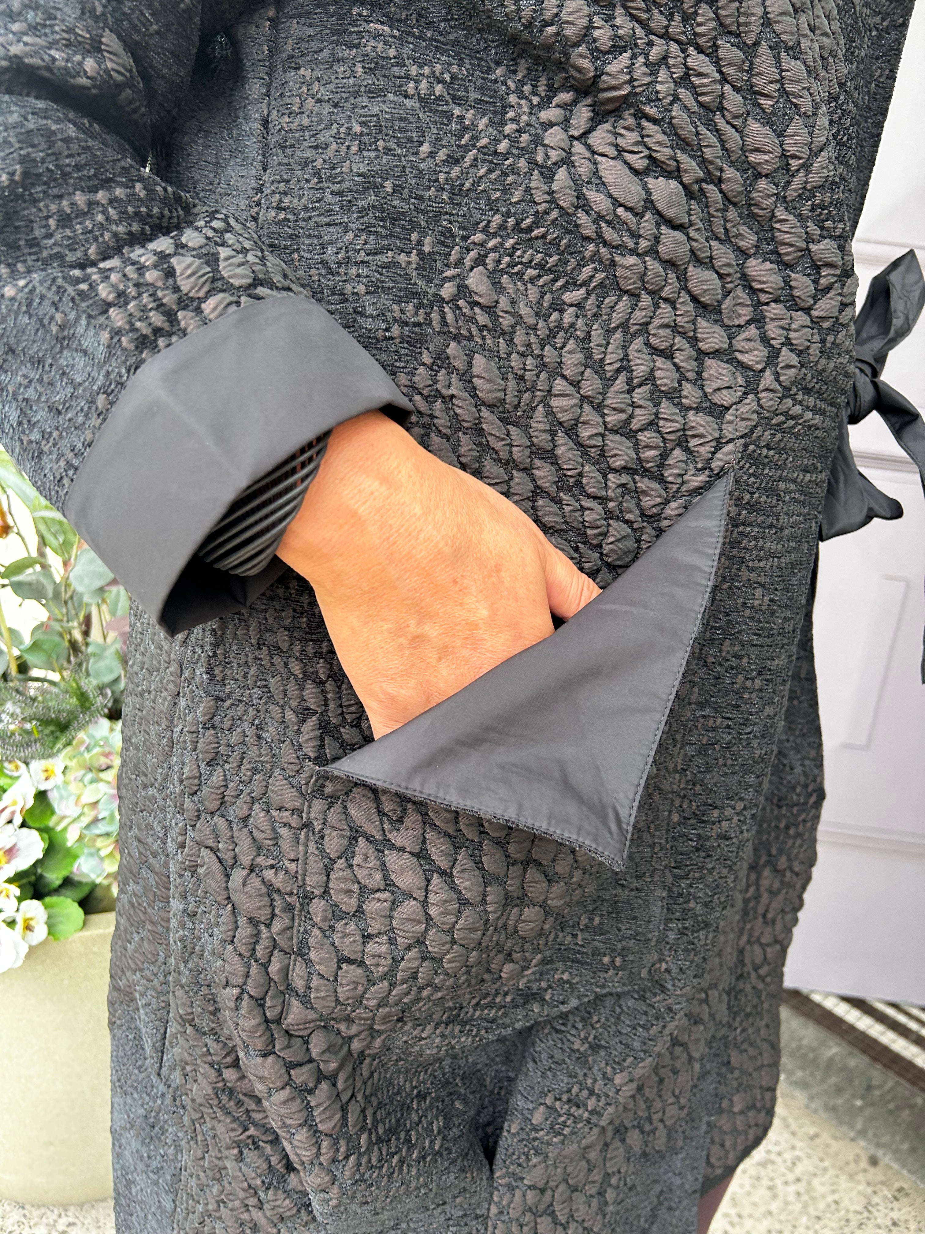 Jaquard Section Coat With Ring Tie Detail in Black/Choko