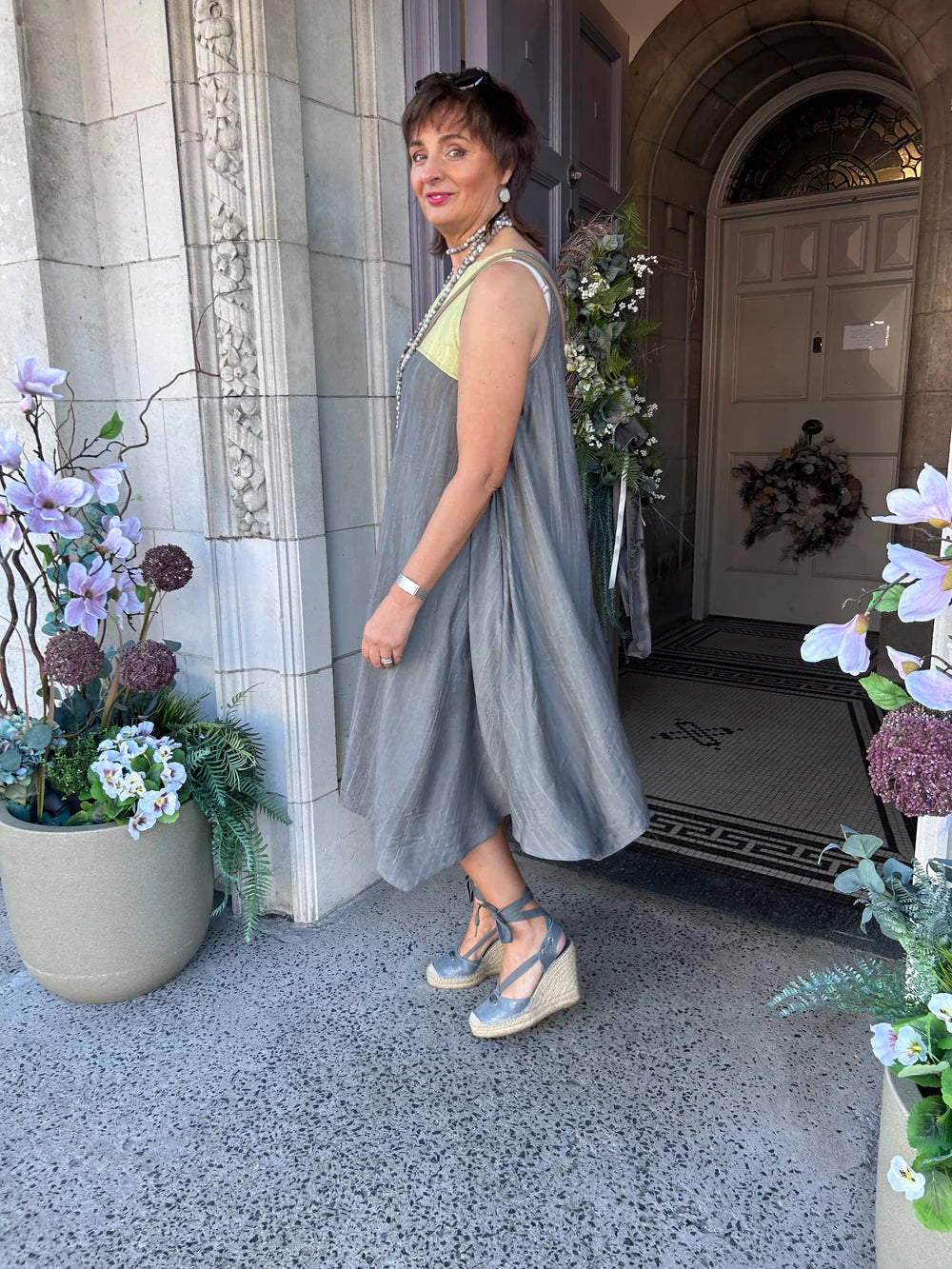 Colour Block Swing Dress in Taupe/Lemon