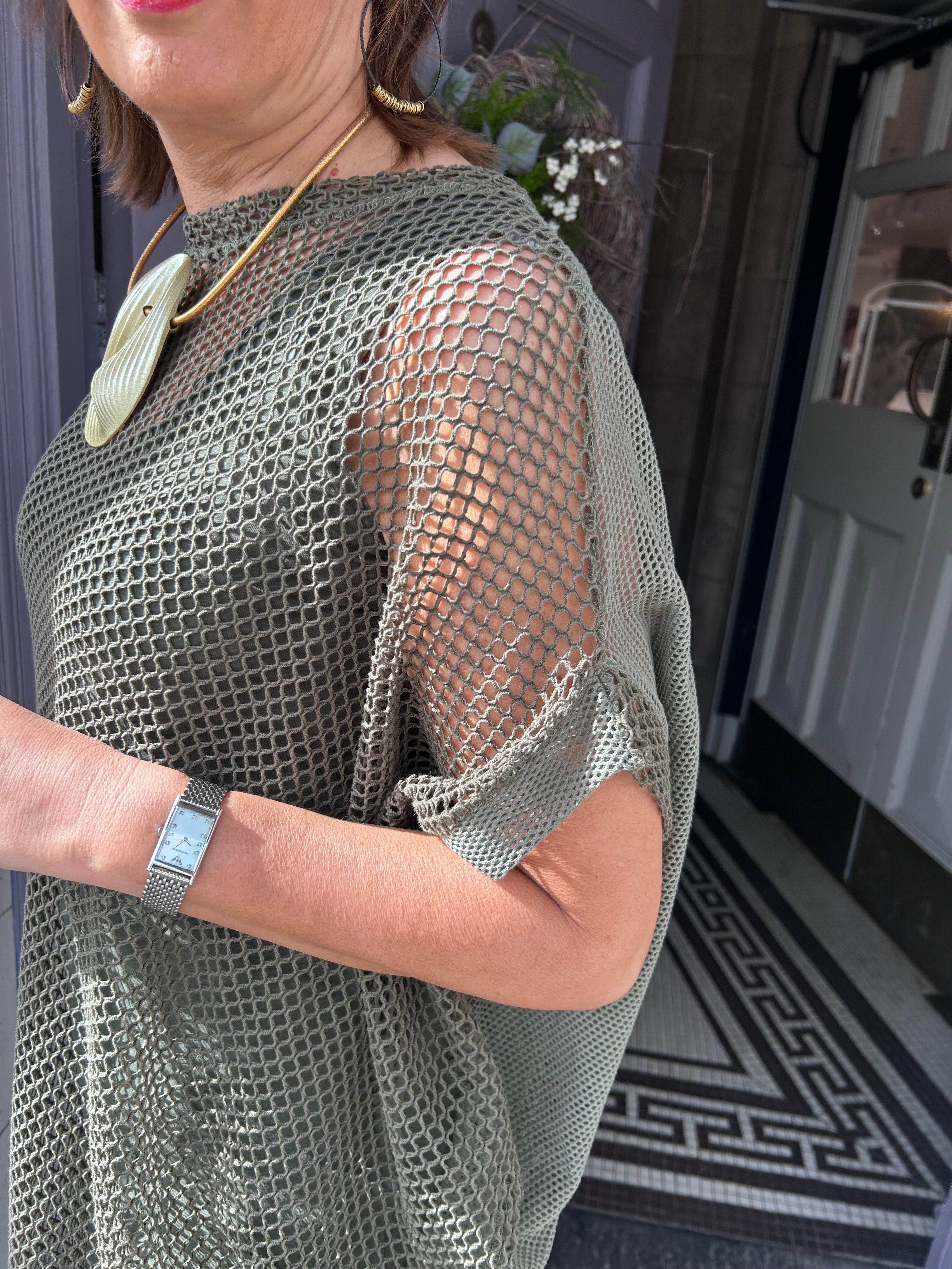 Seva Mesh Overlay Dress in Khaki