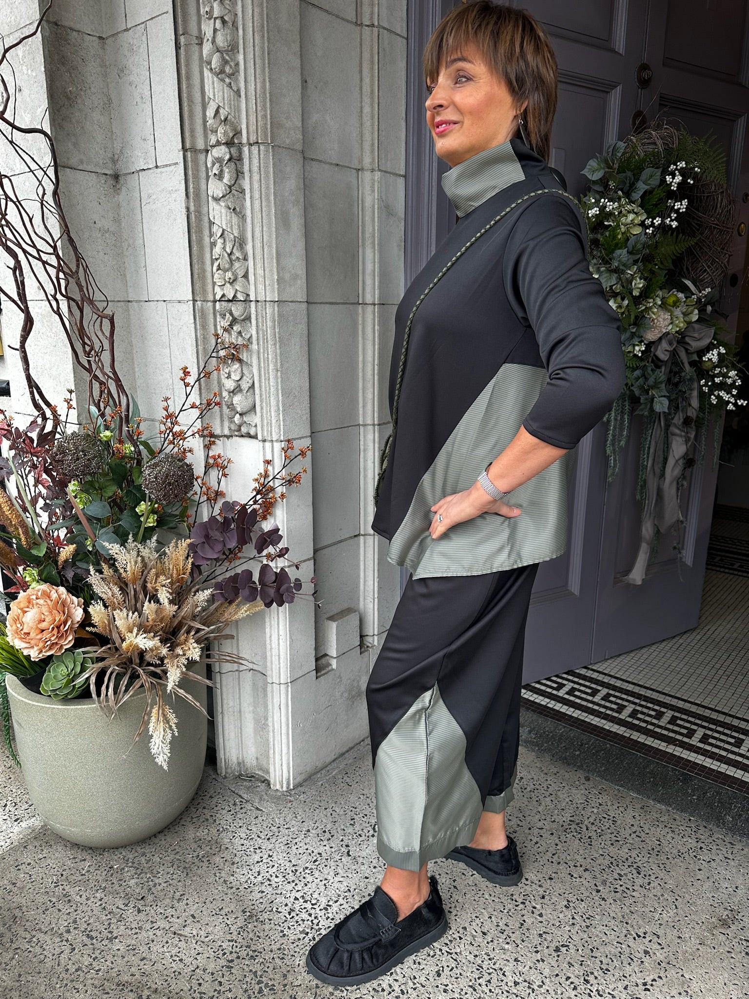 Contrast Panel High Neck Top in Sage/Black