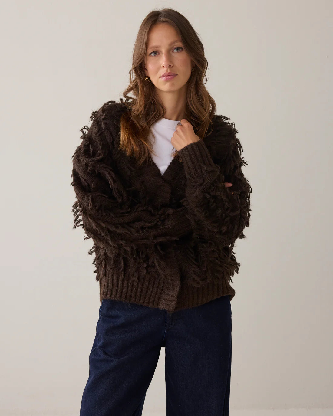 Alpaca Wool Fringy Cardigan in Dark Chocolate