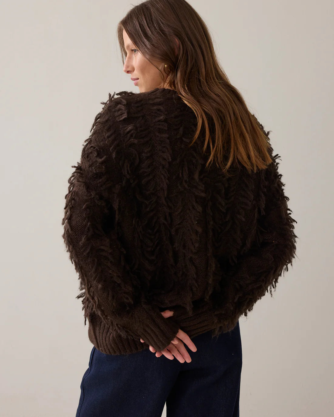Alpaca Wool Fringy Cardigan in Dark Chocolate
