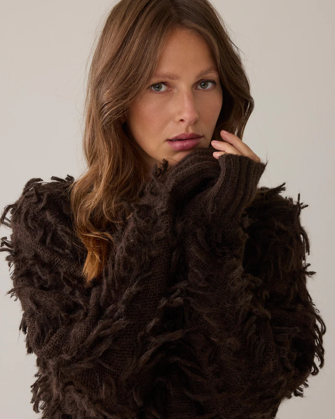 Alpaca Wool Fringy Cardigan in Dark Chocolate
