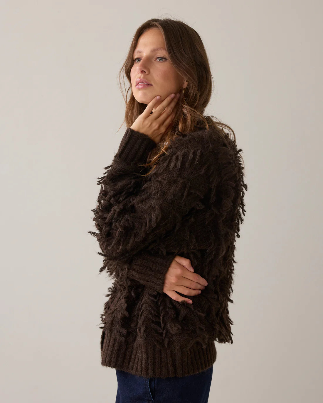 Alpaca Wool Fringy Cardigan in Dark Chocolate