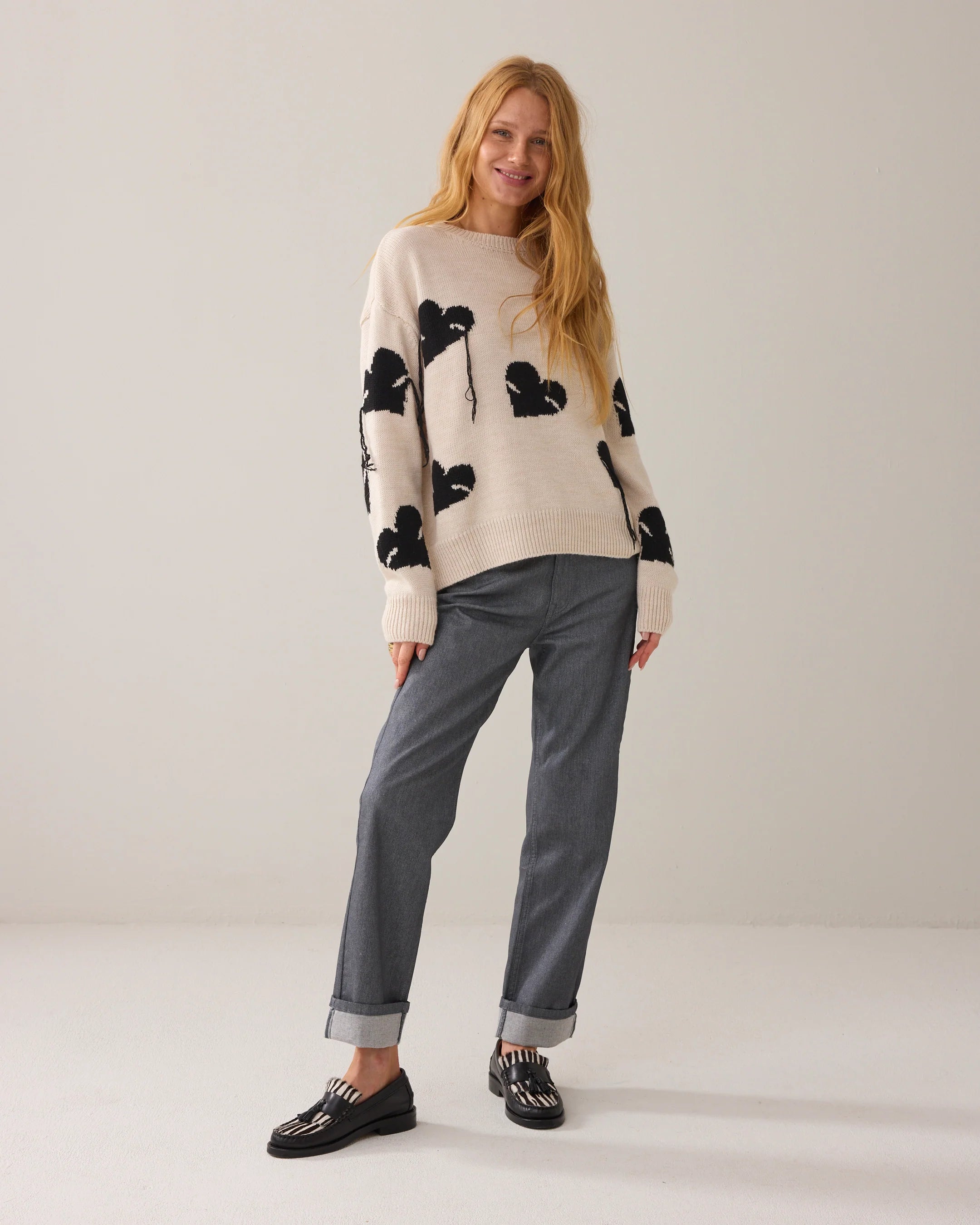 Boyfriend Jumper with Hearts in Ivory