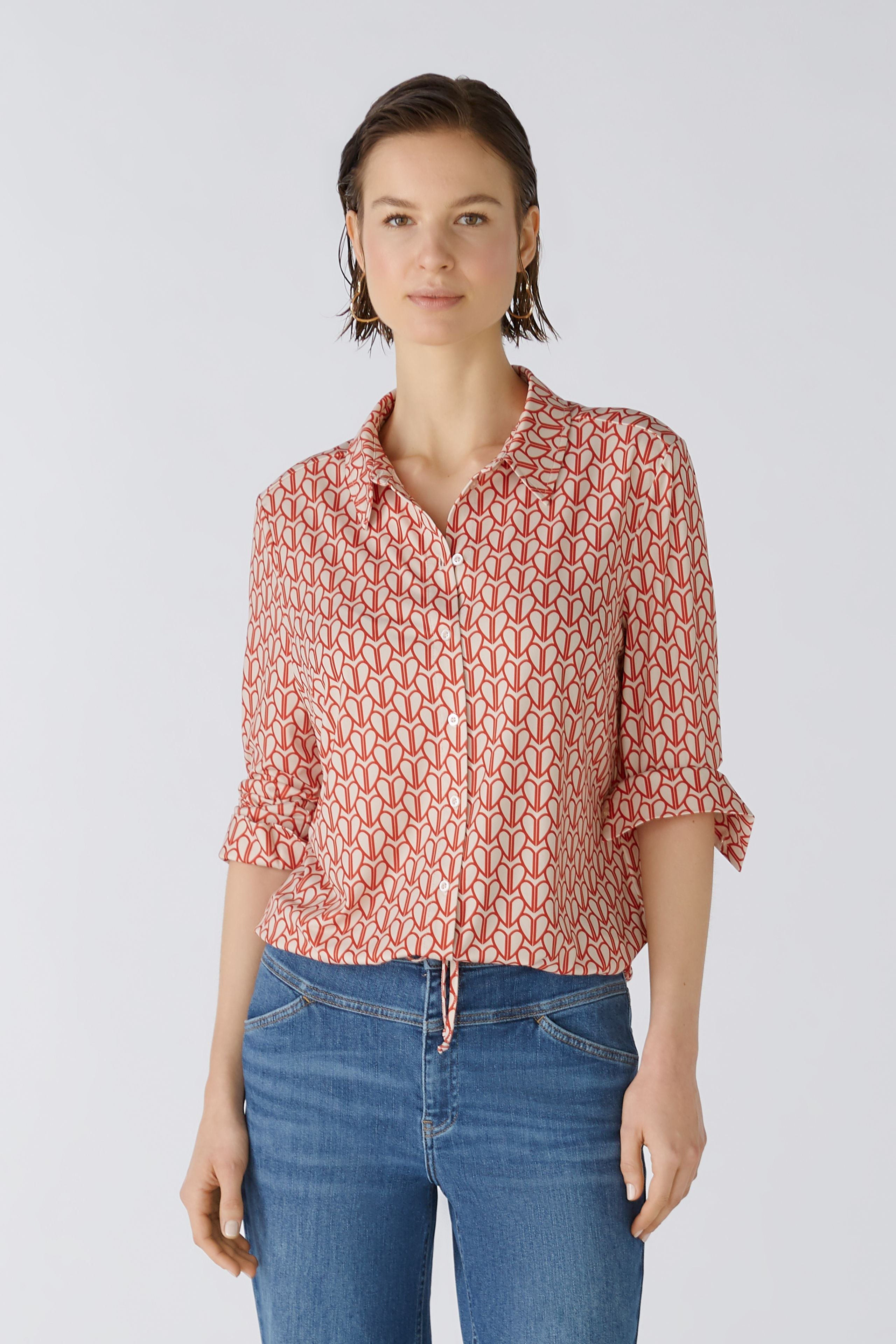 Heart Print Blouse with Pull String Hem in Red/White